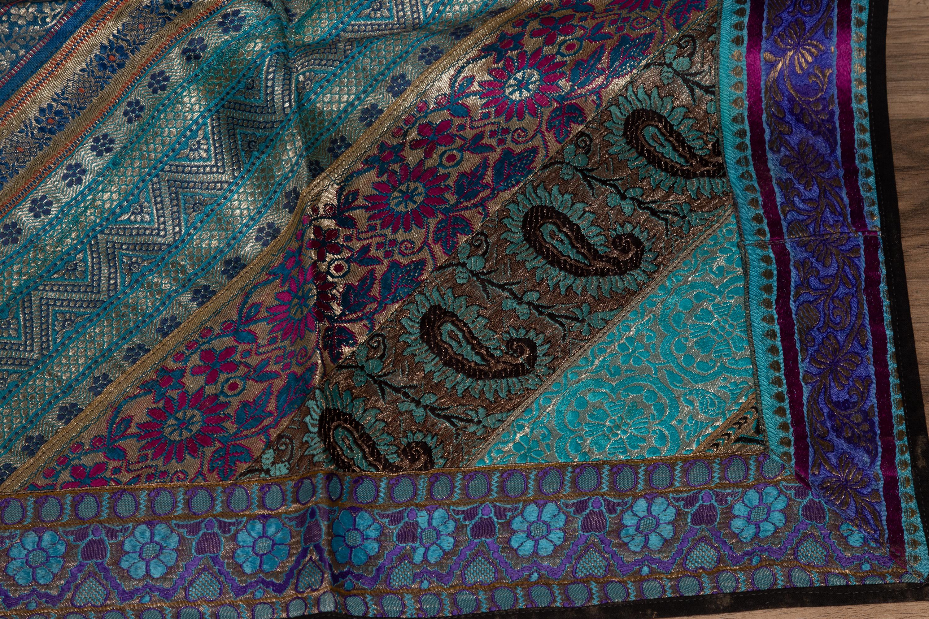 Vintage Indian Silk Embroidered Fabric with Turquoise, Violet and Gold Tones 1
