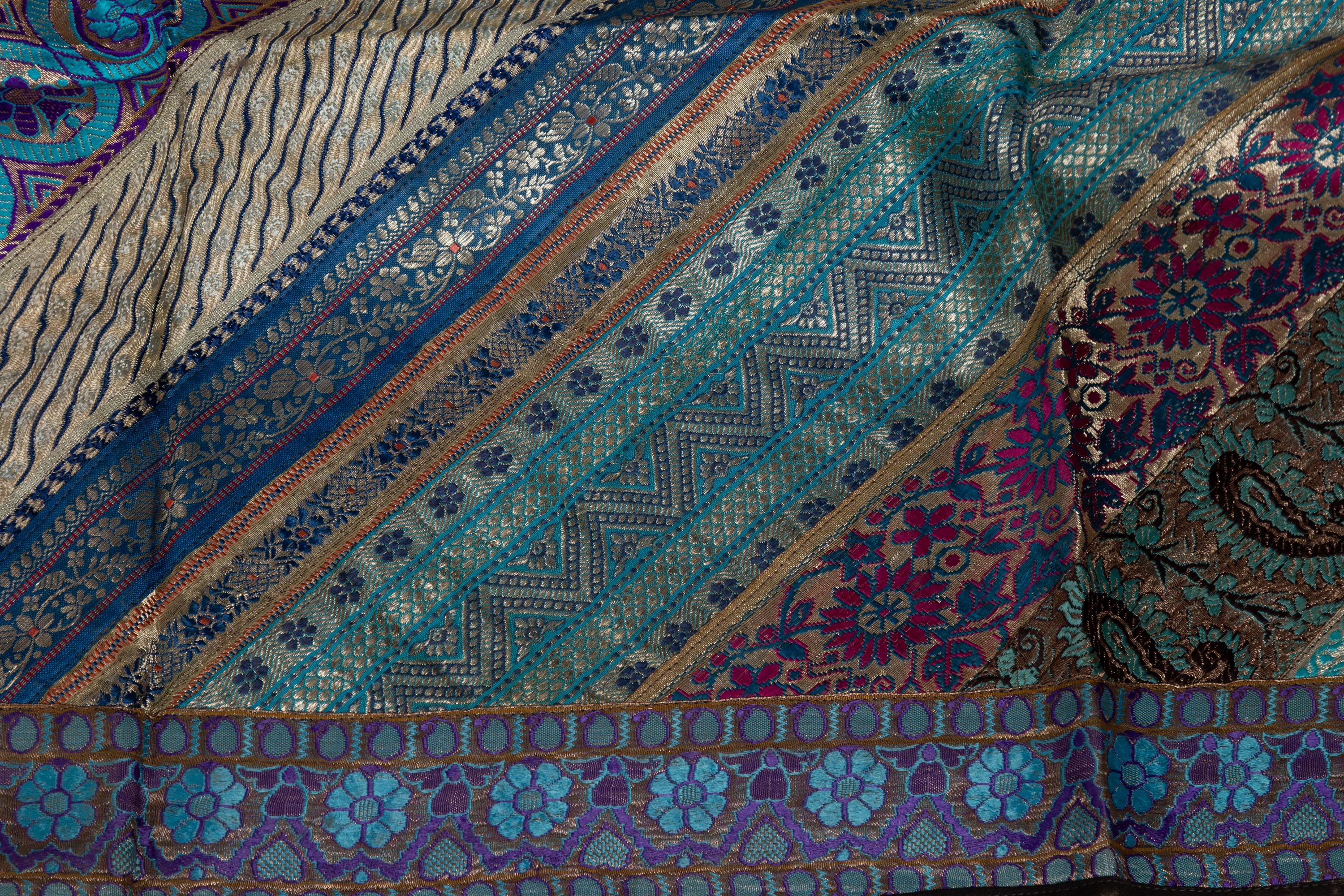 Vintage Indian Silk Embroidered Fabric with Turquoise, Violet and Gold Tones 5