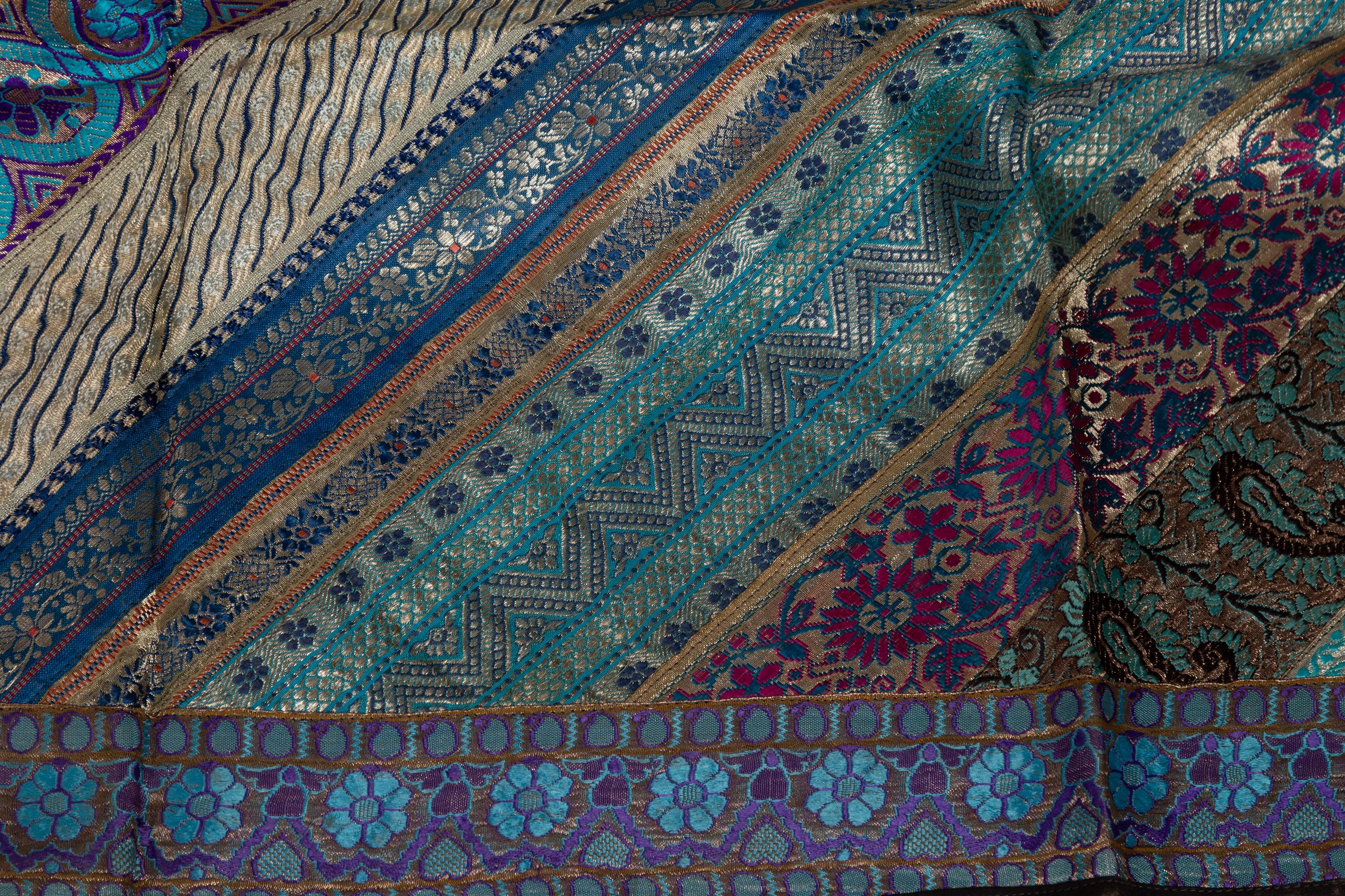 Vintage Indian Silk Embroidered Fabric with Turquoise, Violet and Gold Tones 2