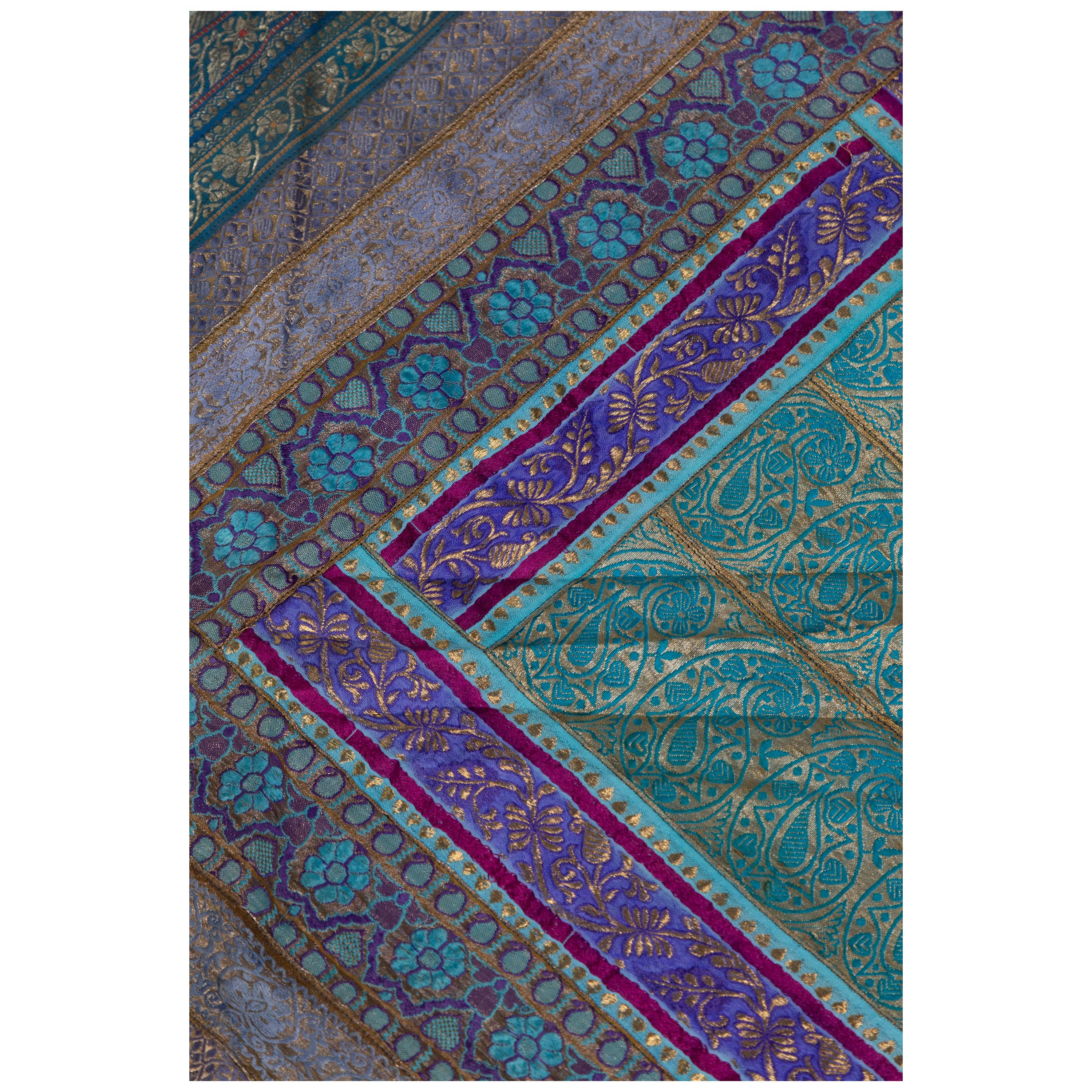 Vintage Indian Silk Embroidered Fabric with Turquoise, Violet and Gold Tones