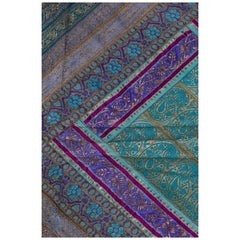 Vintage Indian Silk Embroidered Fabric with Turquoise, Violet and Gold Tones