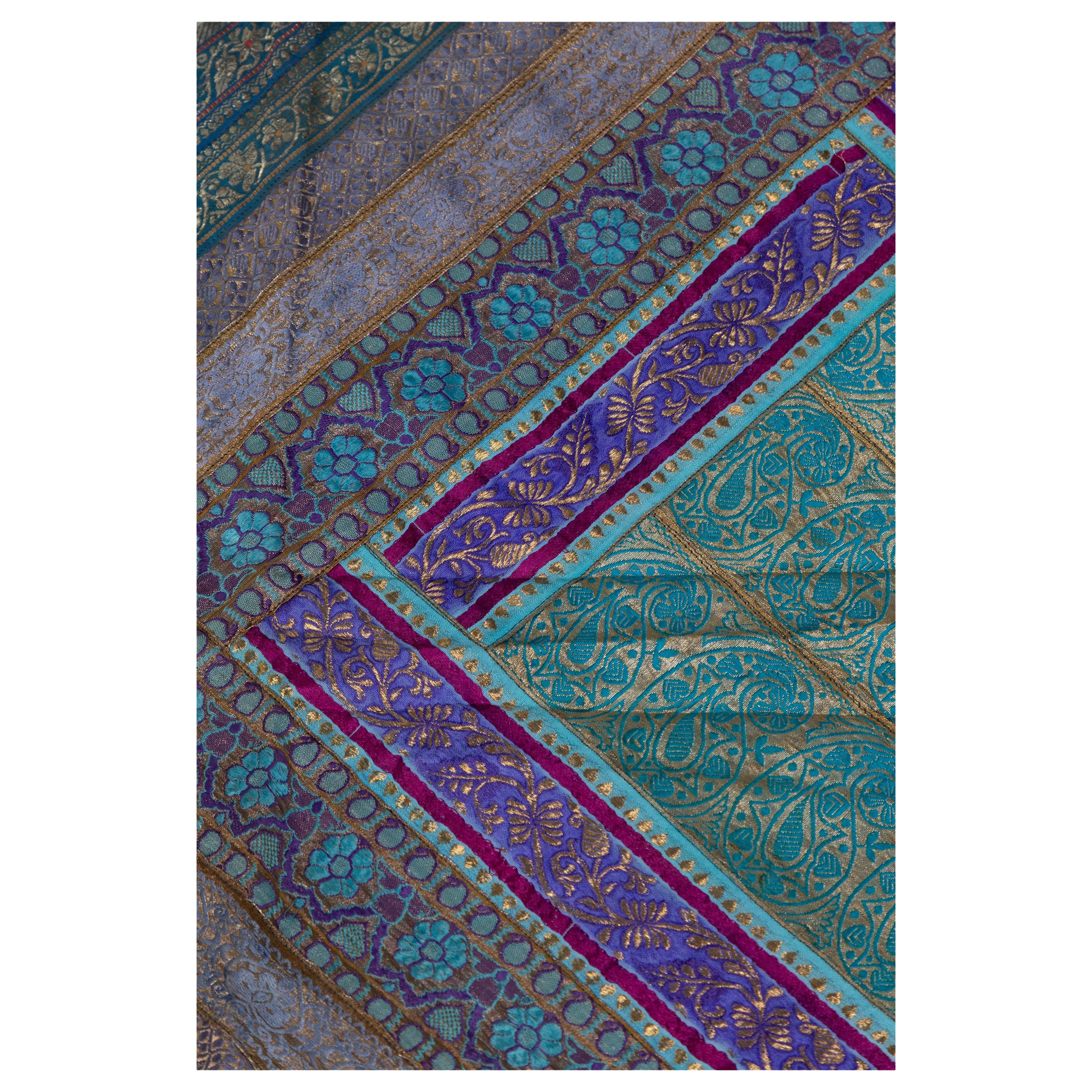 Vintage Indian Silk Embroidered Fabric with Turquoise, Violet and Gold Tones