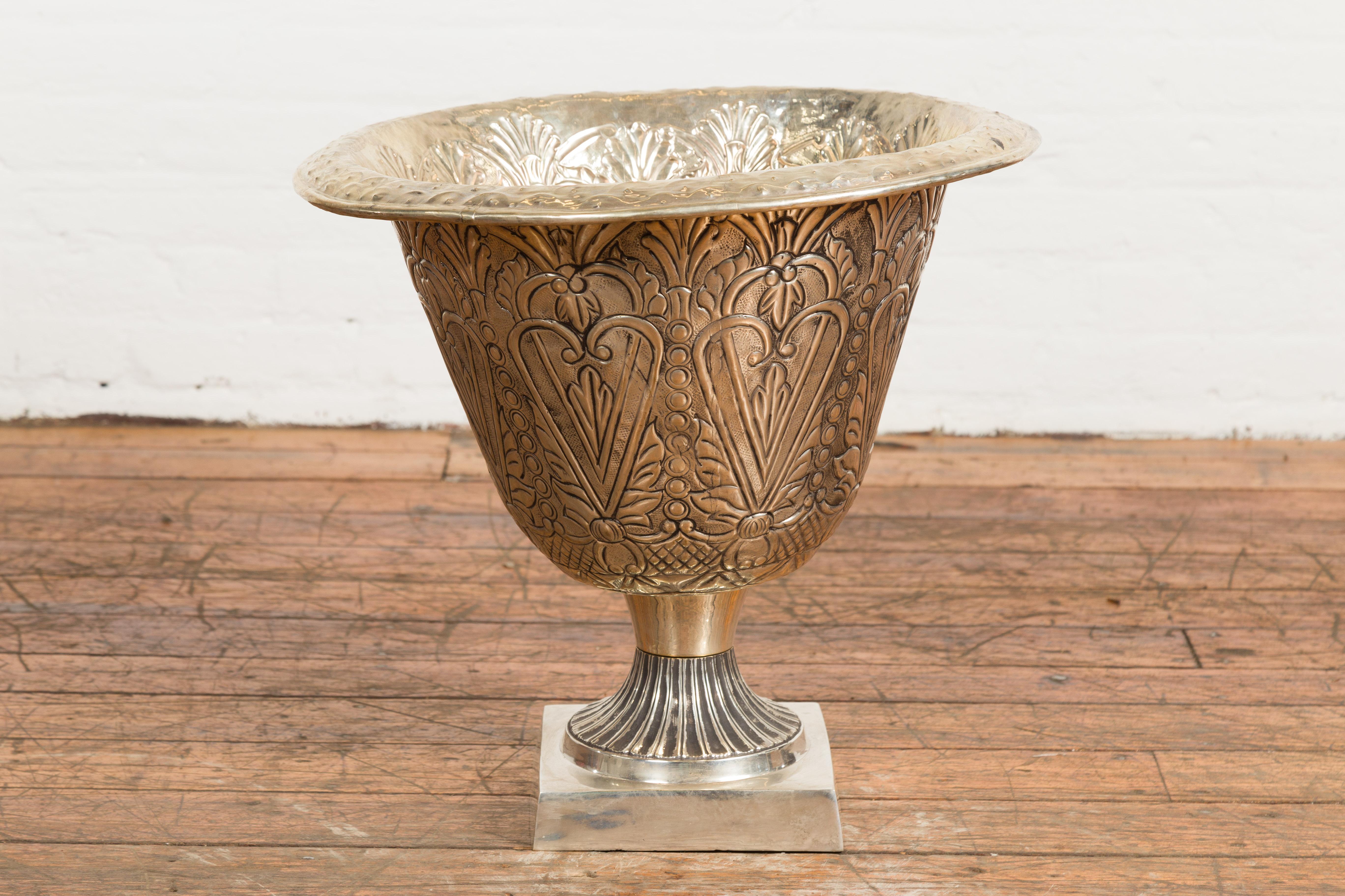 Vintage Indian Silver over Brass Flaring Urn with Stylized Hearts and Flowers For Sale 9