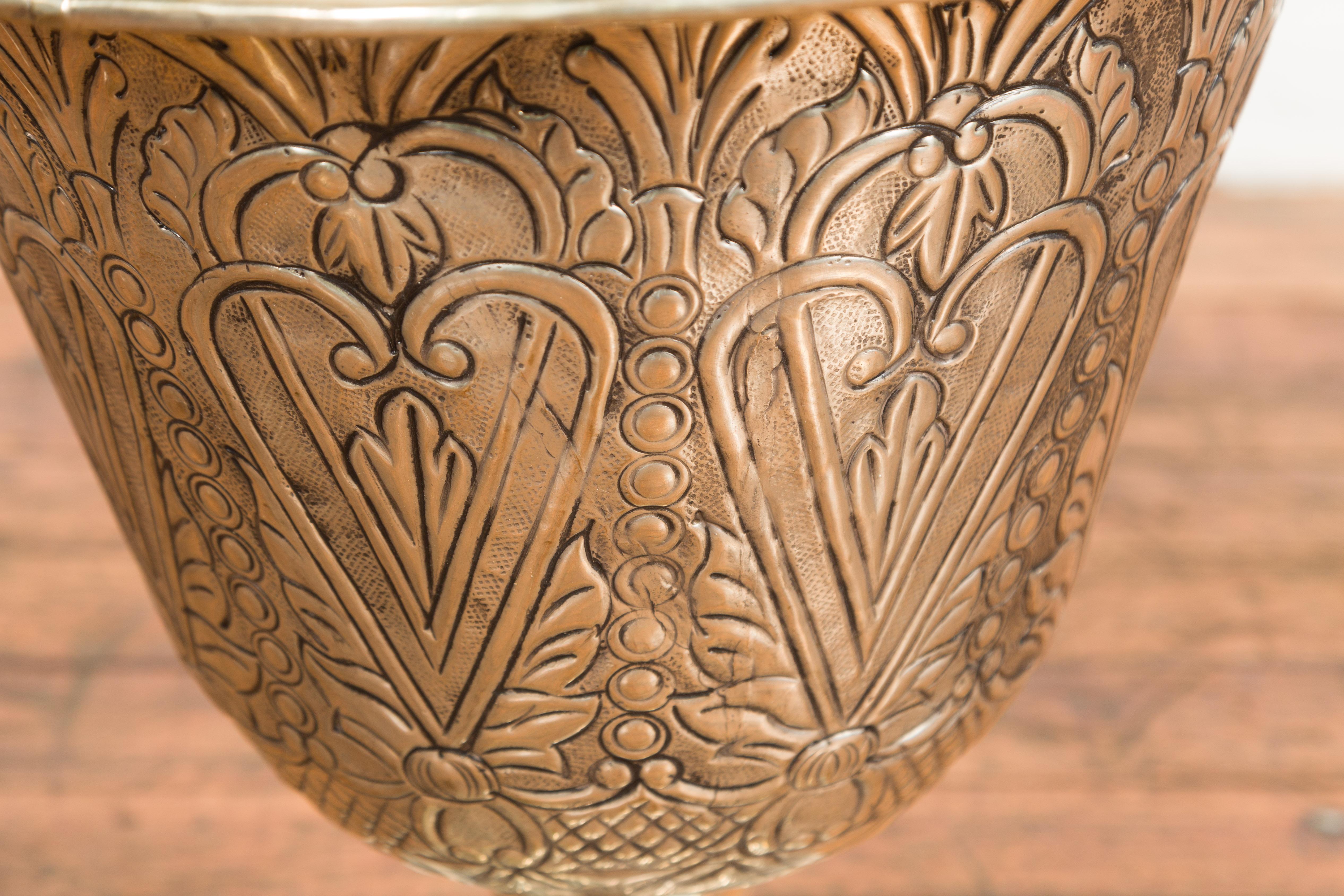 Vintage Indian Silver over Brass Flaring Urn with Stylized Hearts and Flowers For Sale 11