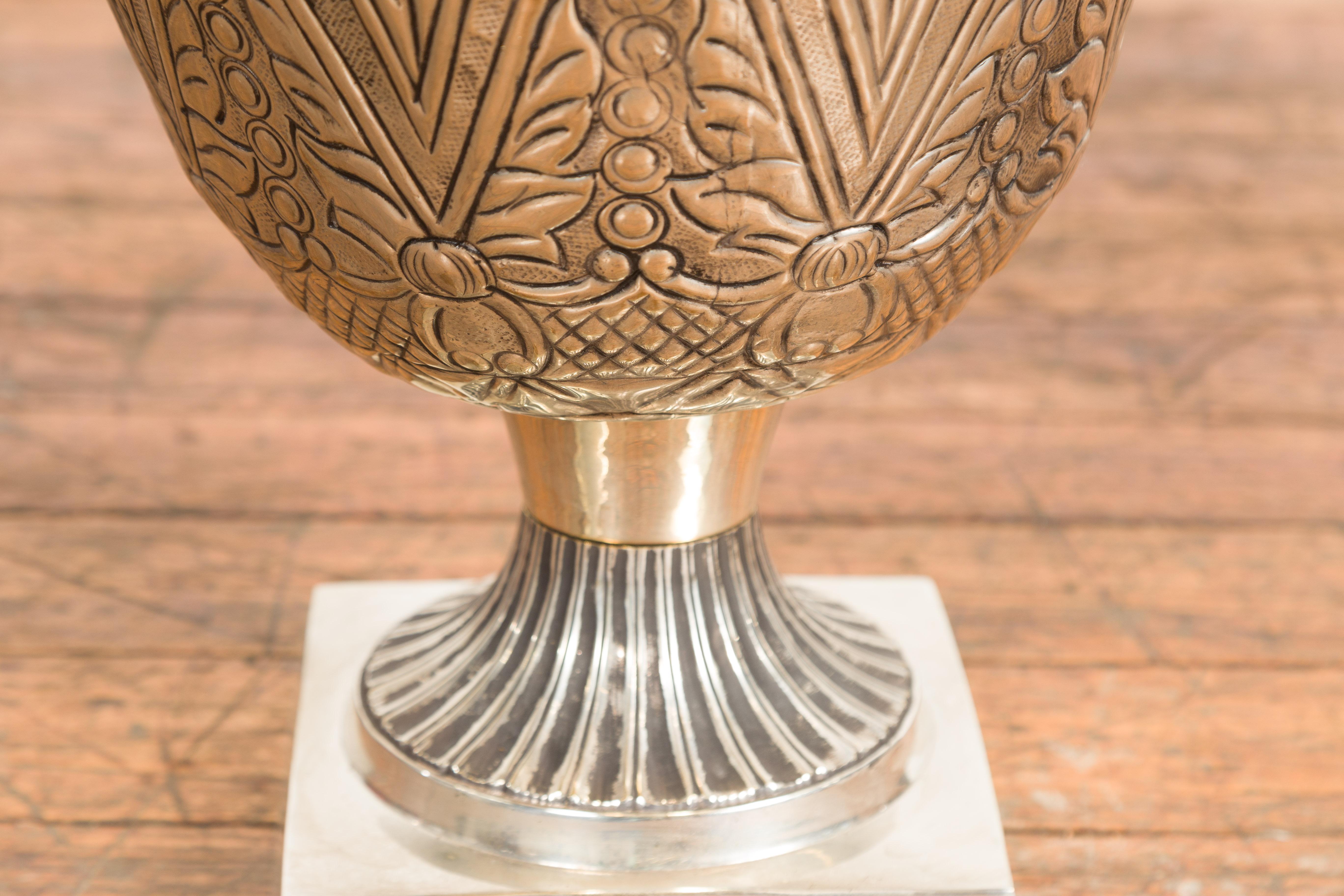 Vintage Indian Silver over Brass Flaring Urn with Stylized Hearts and Flowers For Sale 12