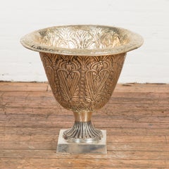 Vintage Indian Silver over Brass Flaring Urn with Stylized Hearts and Flowers