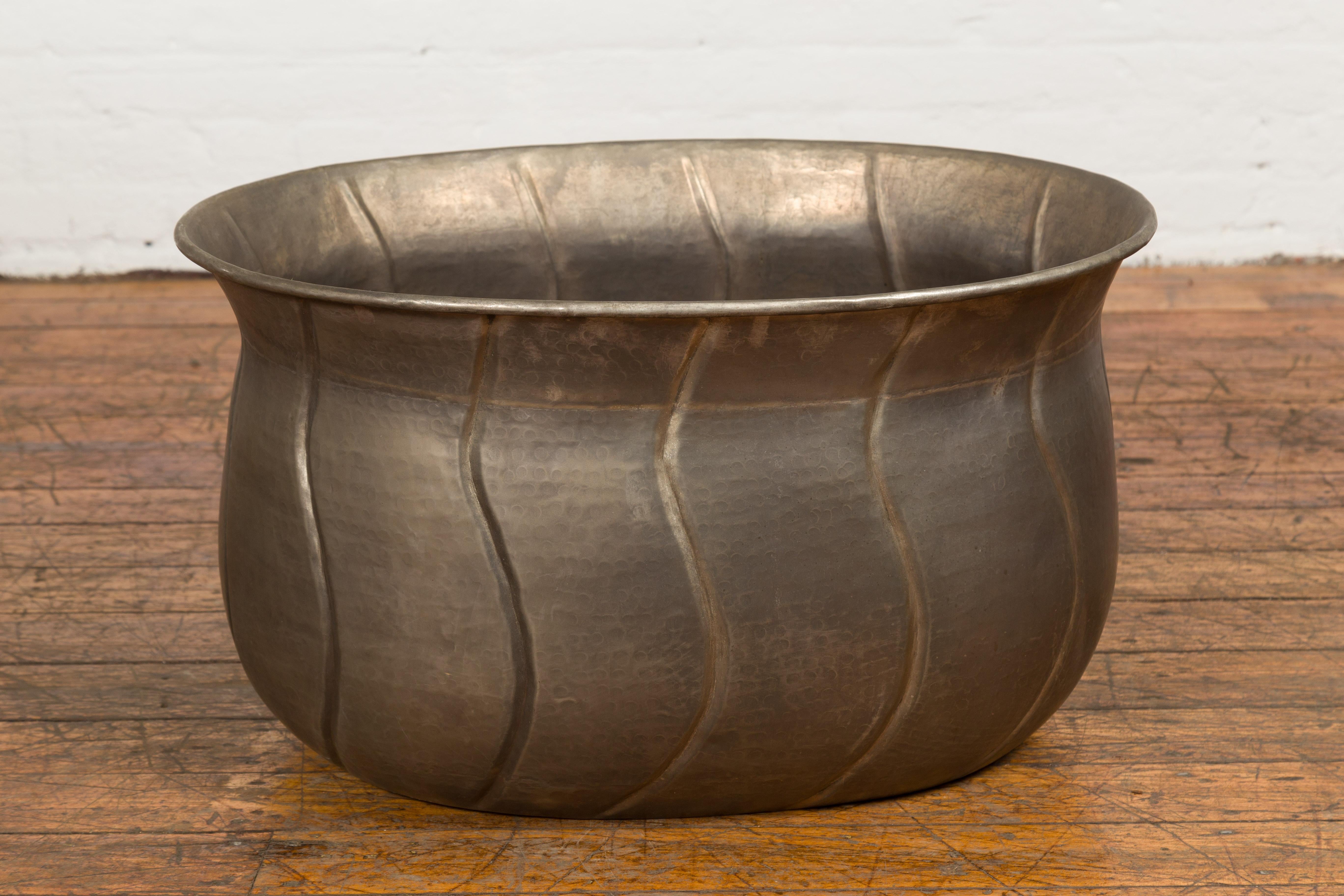 Vintage Indian Silver over Brass Planter with Wave Design and Sinuous Lines In Good Condition In Yonkers, NY