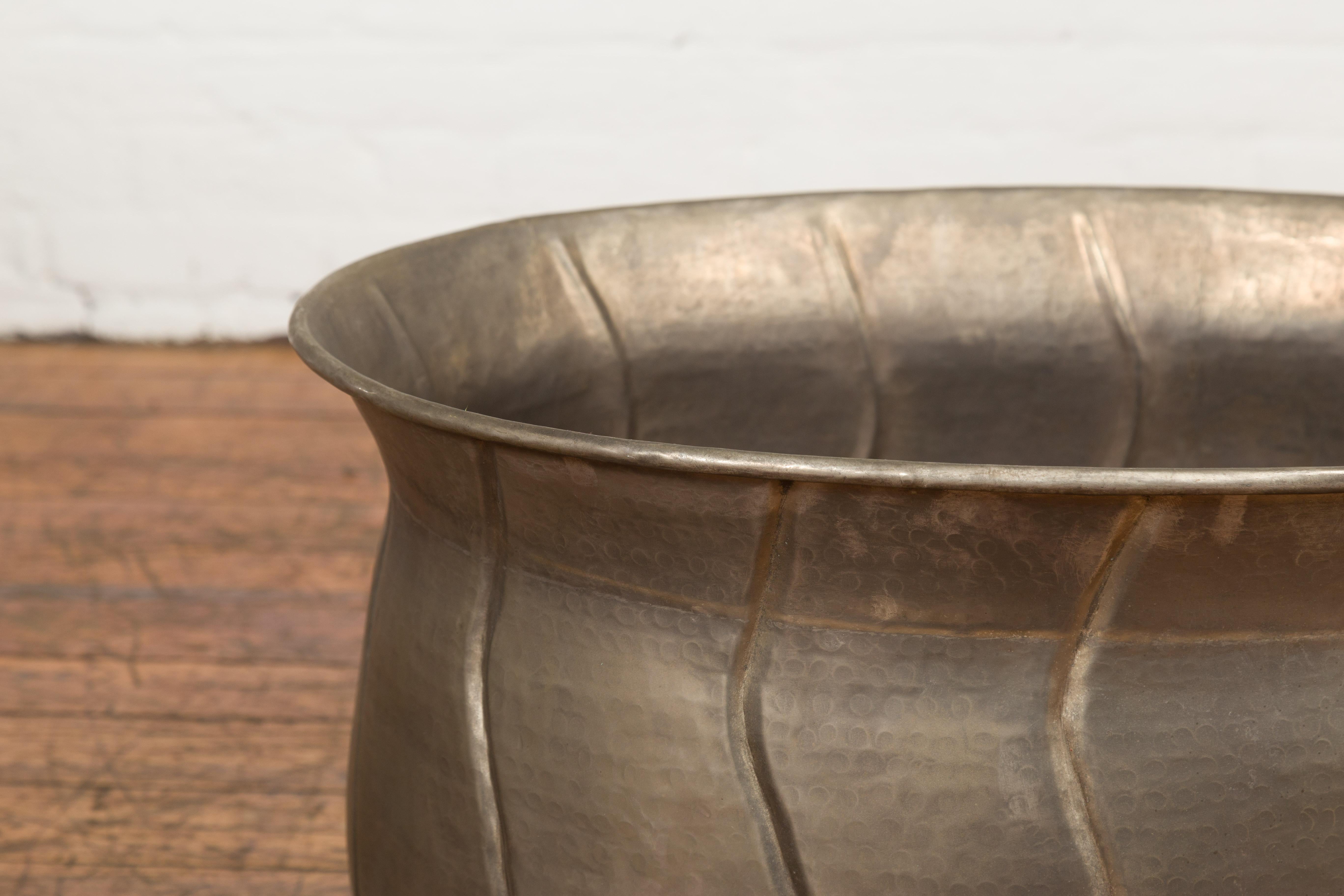 20th Century Vintage Indian Silver over Brass Planter with Wave Design and Sinuous Lines