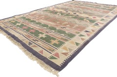 Vintage Indian Stone Wash Dhurrie Rug with Folk Art Style