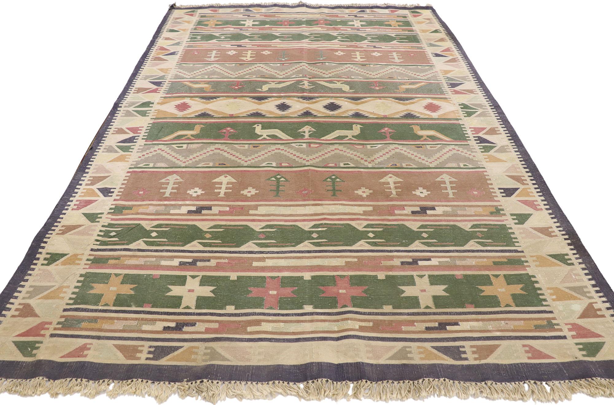 Kilim Vintage Indian Stone Wash Dhurrie Rug with Folk Art Style For Sale