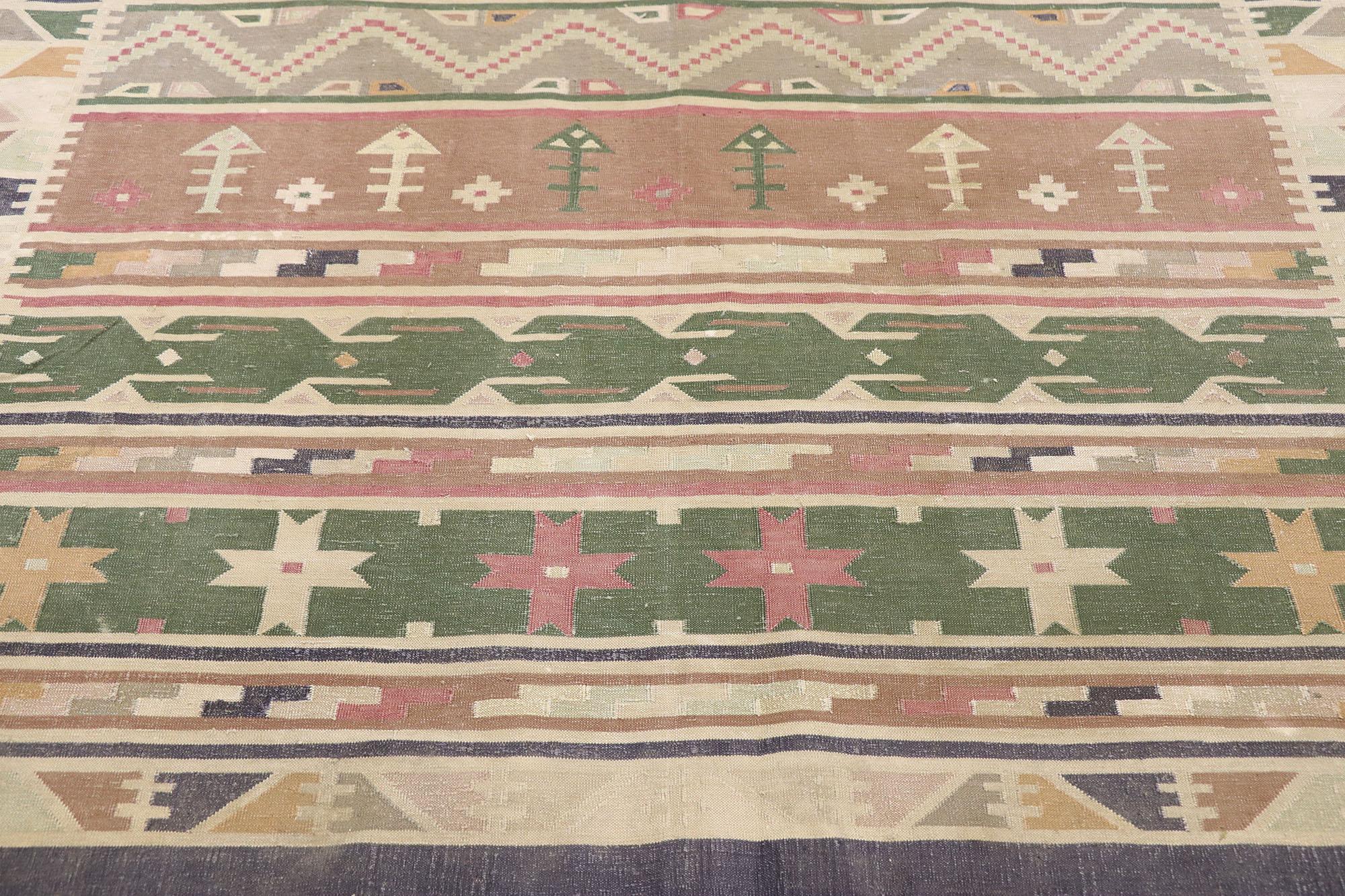 Alfombra Dhurrie India Vintage Lavada a la Piedra con Estilo de Arte Popular Indio en venta