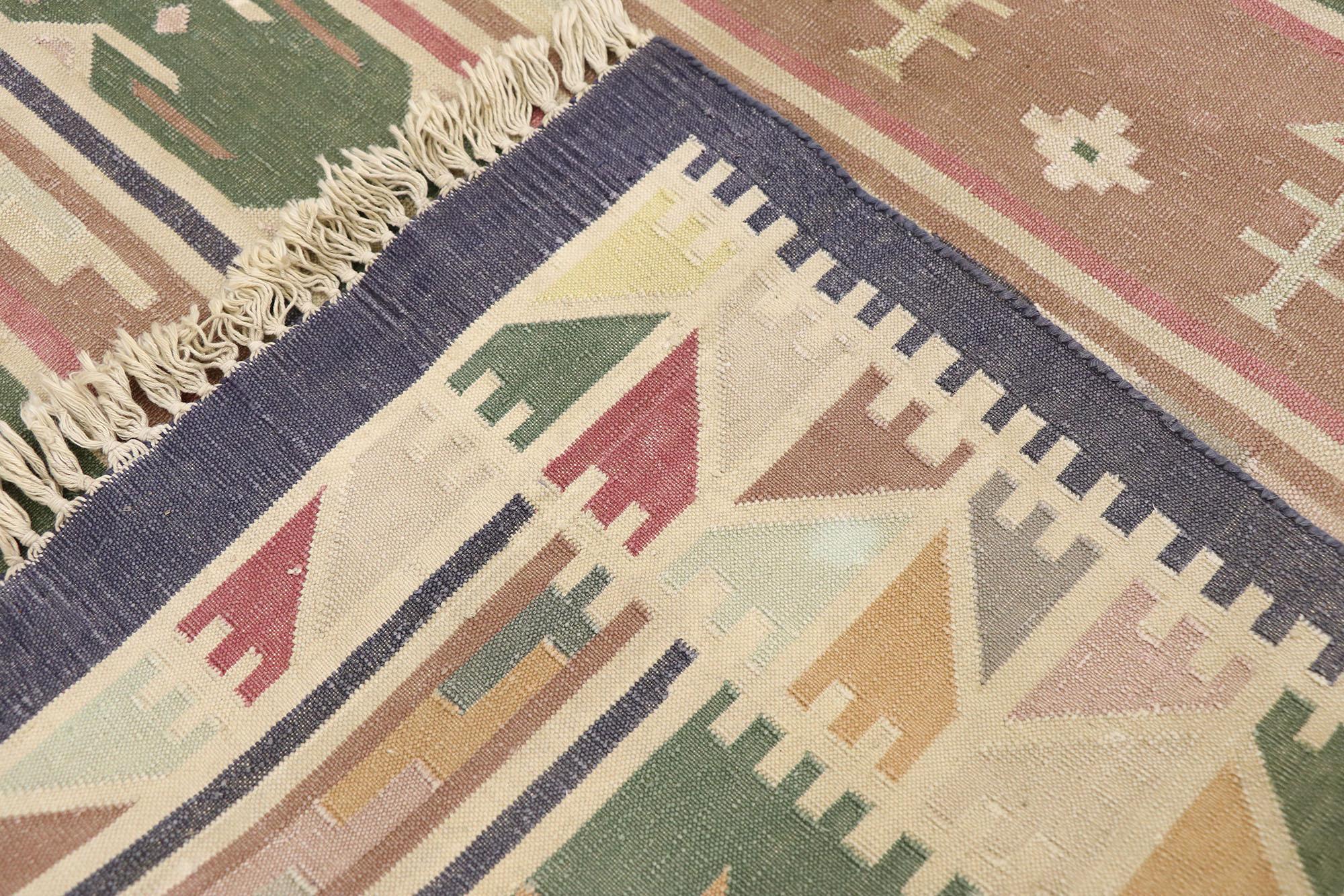 Alfombra Dhurrie India Vintage Lavada a la Piedra con Estilo de Arte Popular Tejido a mano en venta