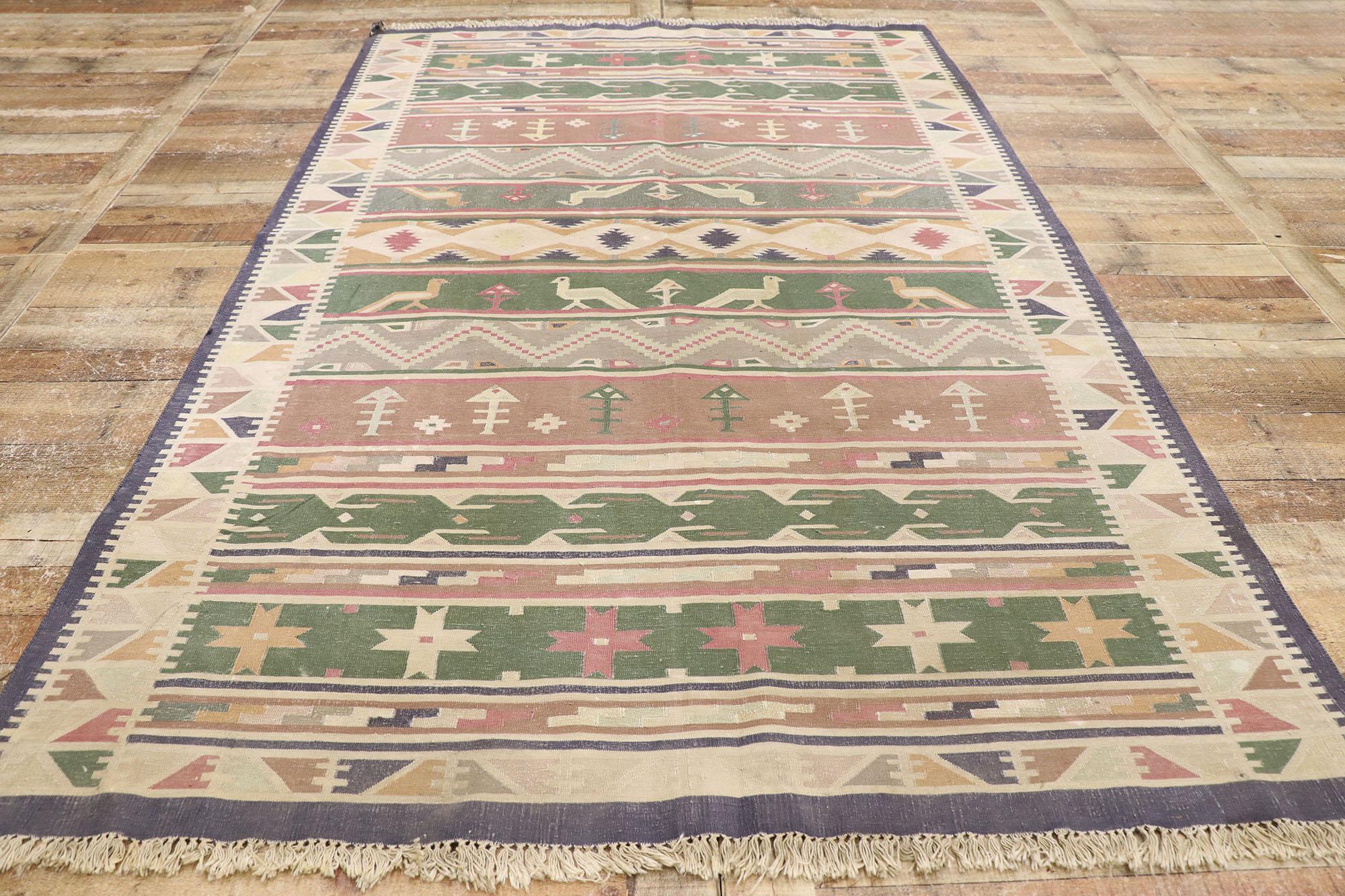 Wool Vintage Indian Stone Wash Dhurrie Rug with Folk Art Style For Sale