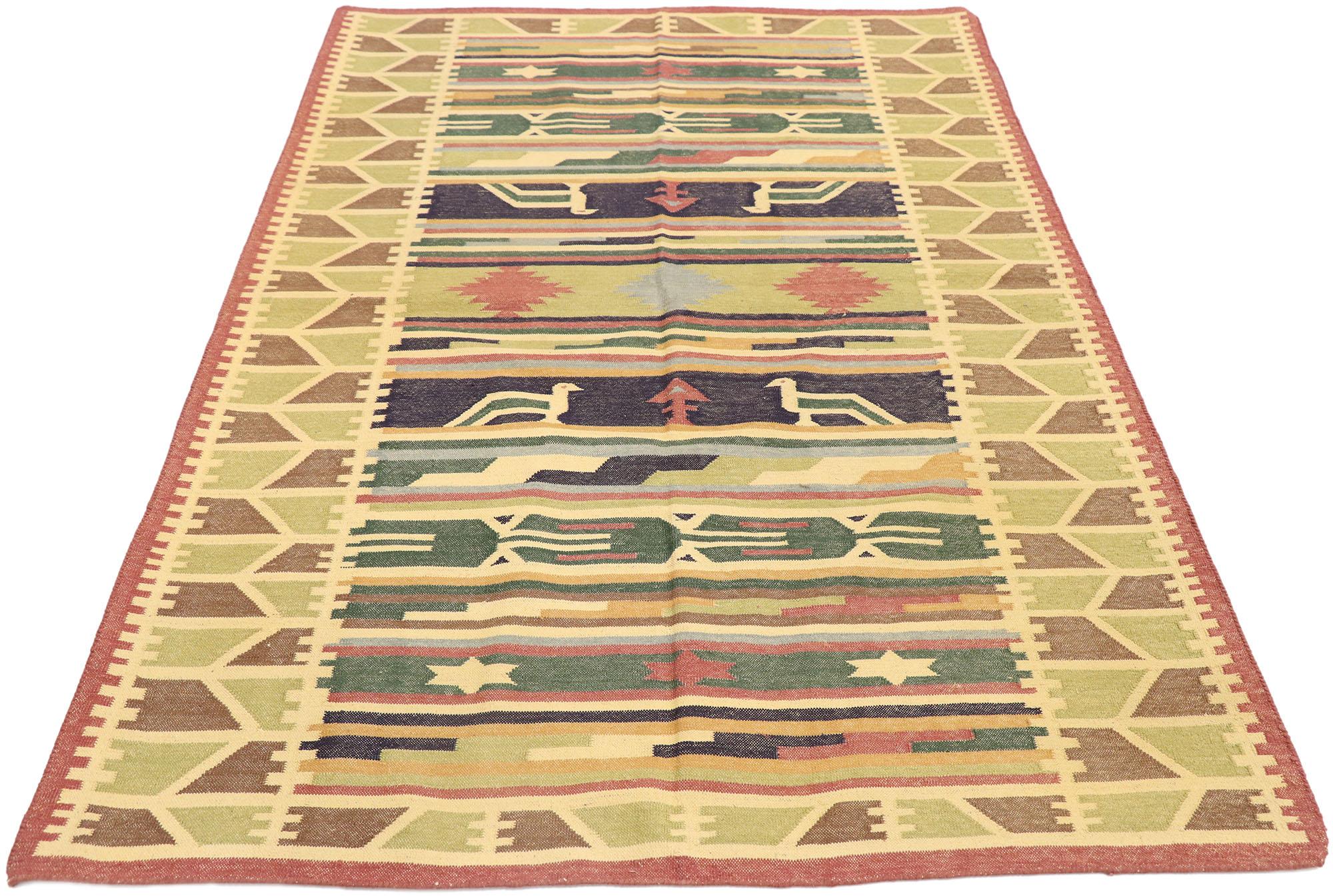 Hand-Woven Vintage Indian Stone Wash Dhurrie Rug with Folk Art Tribal Style For Sale