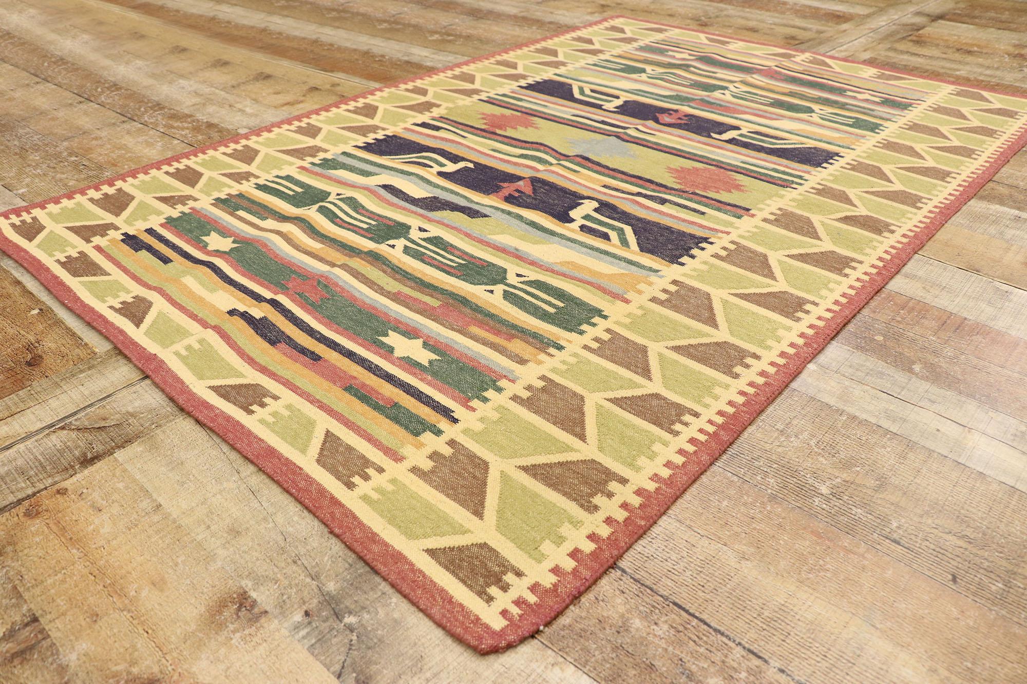 Wool Vintage Indian Stone Wash Dhurrie Rug with Folk Art Tribal Style For Sale