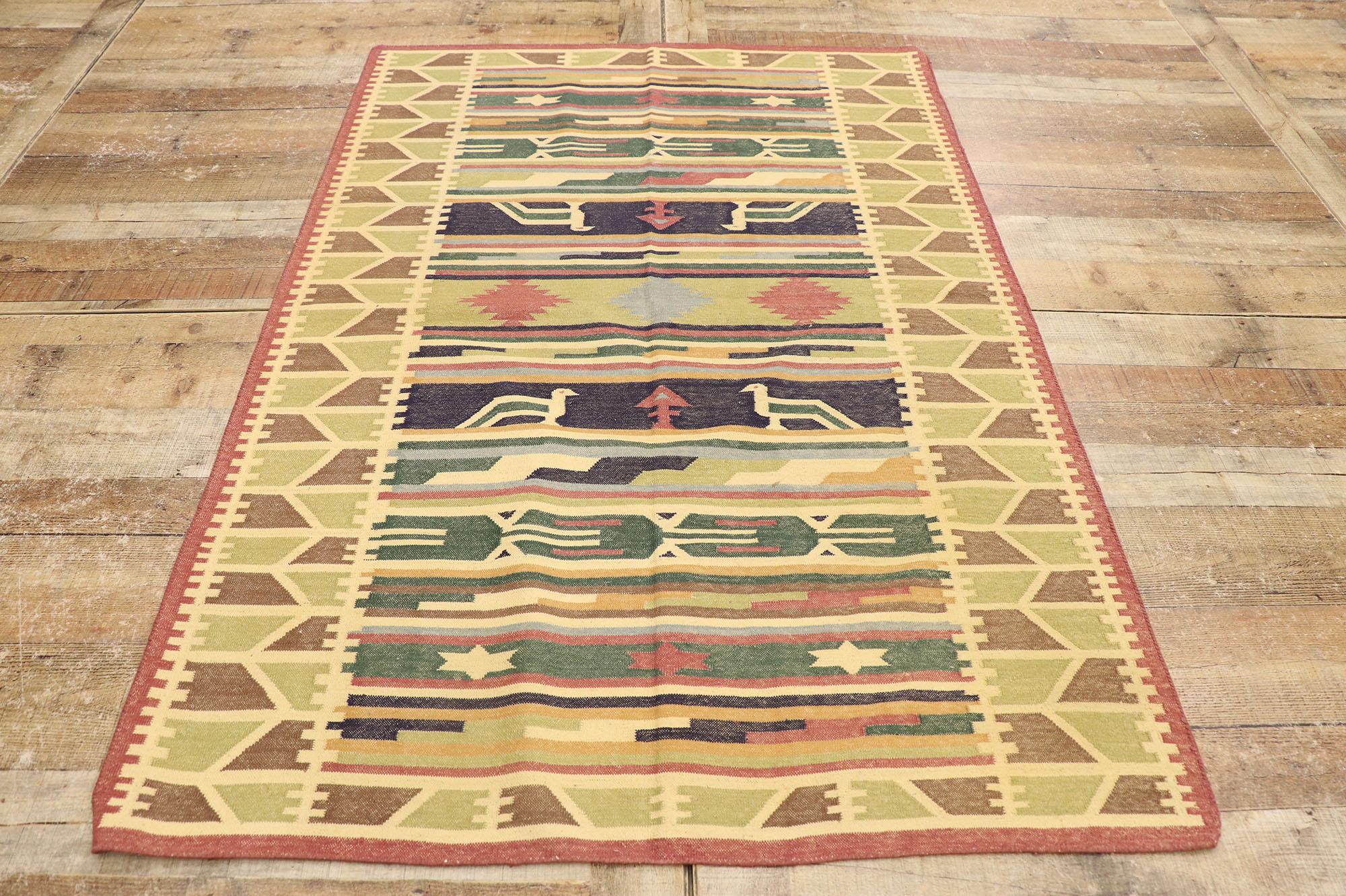 Vintage Indian Stone Wash Dhurrie Rug with Folk Art Tribal Style For Sale 1