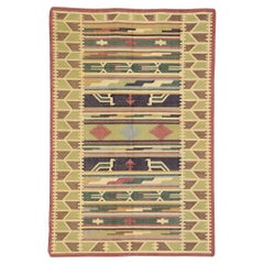 Retro Indian Stone Wash Dhurrie Rug with Folk Art Tribal Style