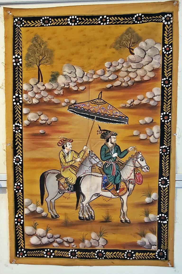 Hand-Painted Vintage Indian Tapestry of a Mughal Emperor