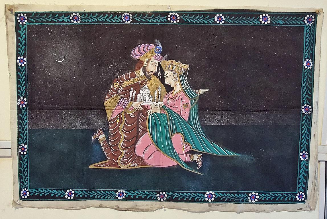 Peint à la main Tapisserie indienne vintage de Shah Jahan et Mumtaz Mahal en vente