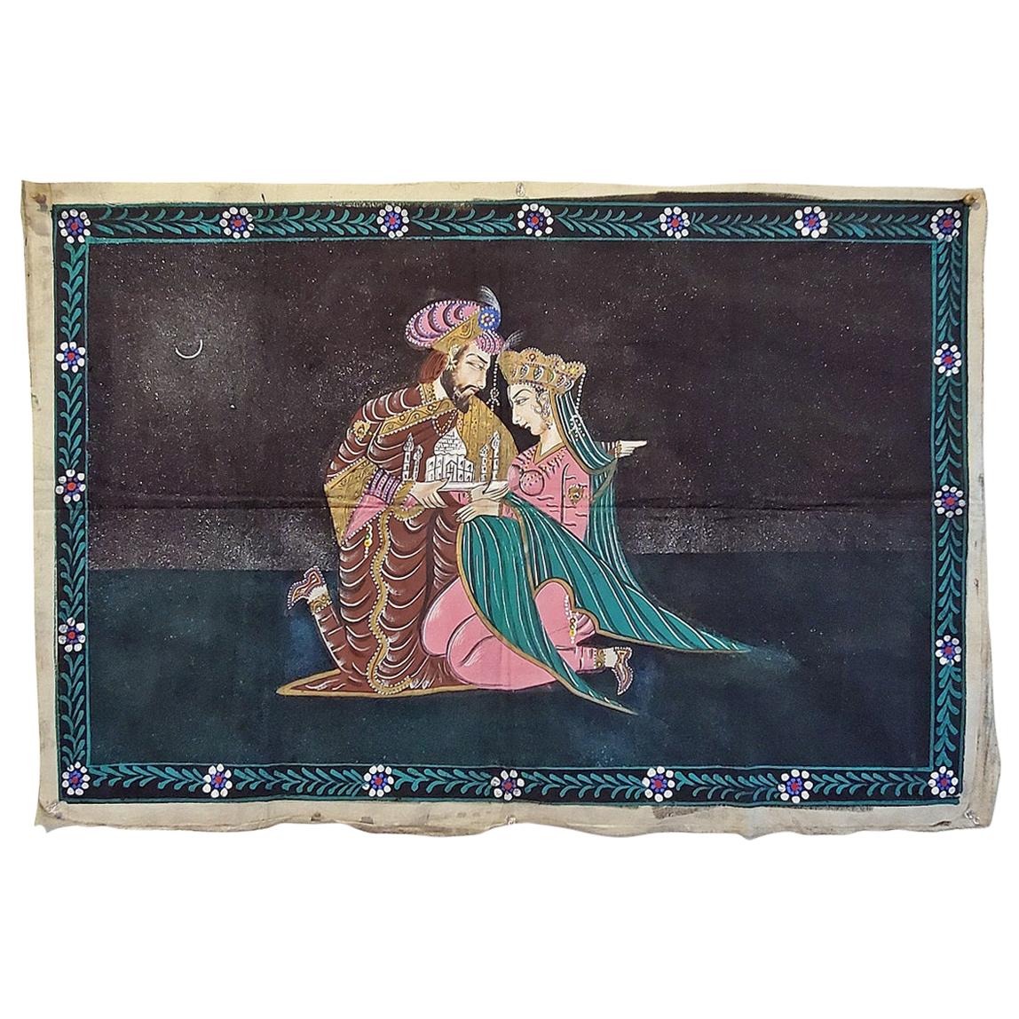 Tapisserie indienne vintage de Shah Jahan et Mumtaz Mahal en vente