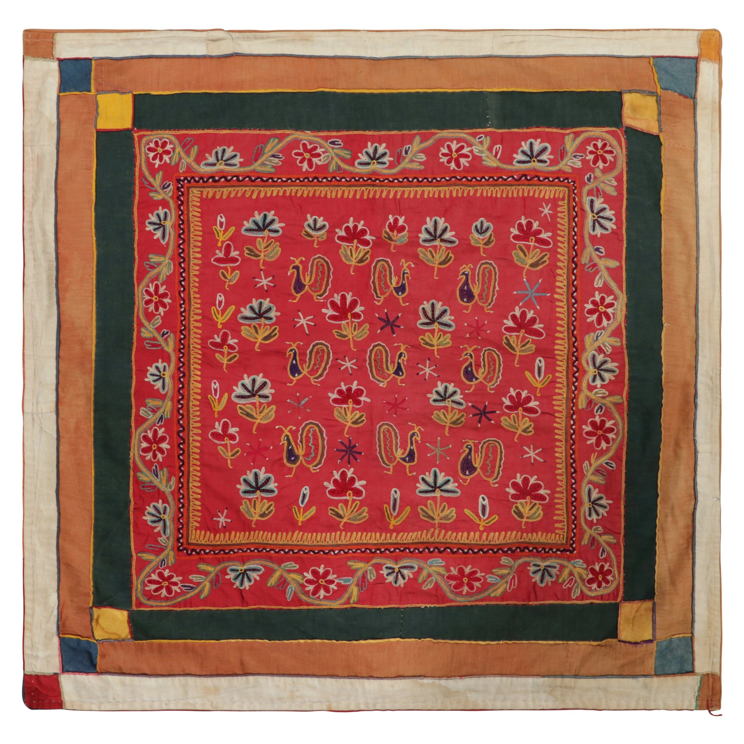 Vintage Indian Textile, Square Tapestry with Fabulous Bird Pictorials - Rug
K