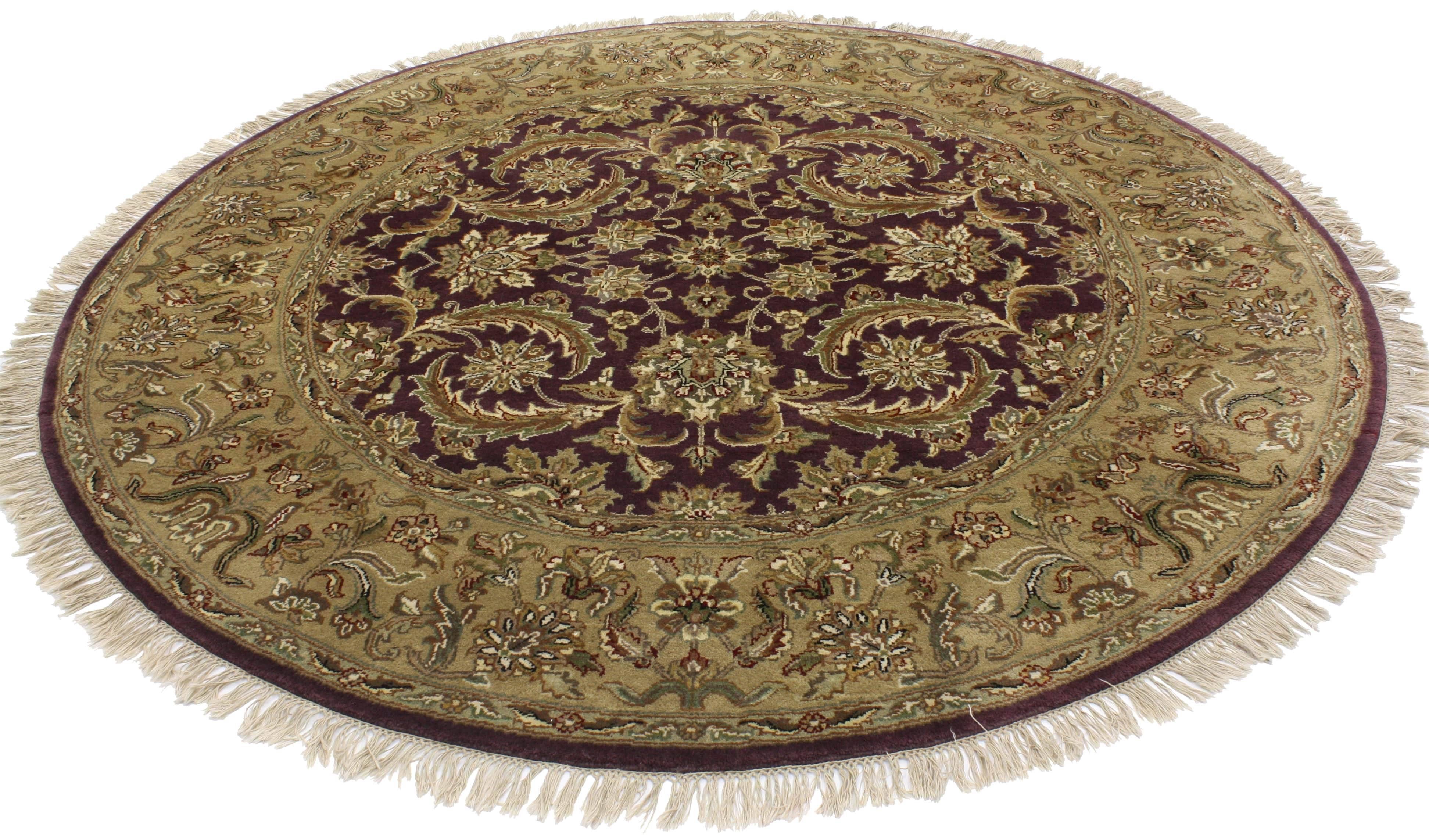 76663 Vintage Indian Traditional Round Area rug, Circular rug with Rustic Arts & Crafts style. This hand knotted wool vintage Indian round area rug with traditional style features a classic Herati pattern composed of lavish flowering blossoms,