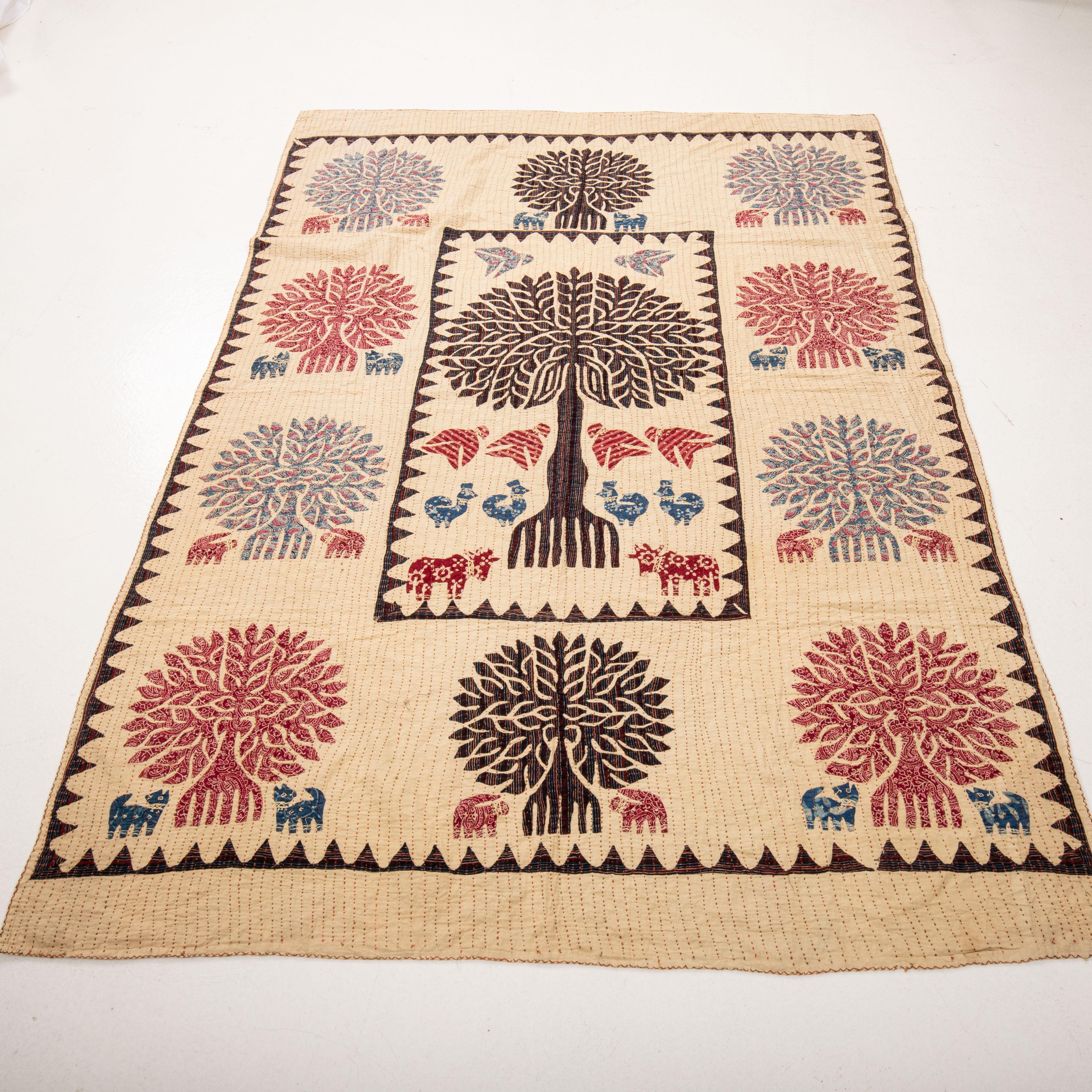 Tribal Vintage Indian Tree of Life Applique Kantha Quilt For Sale