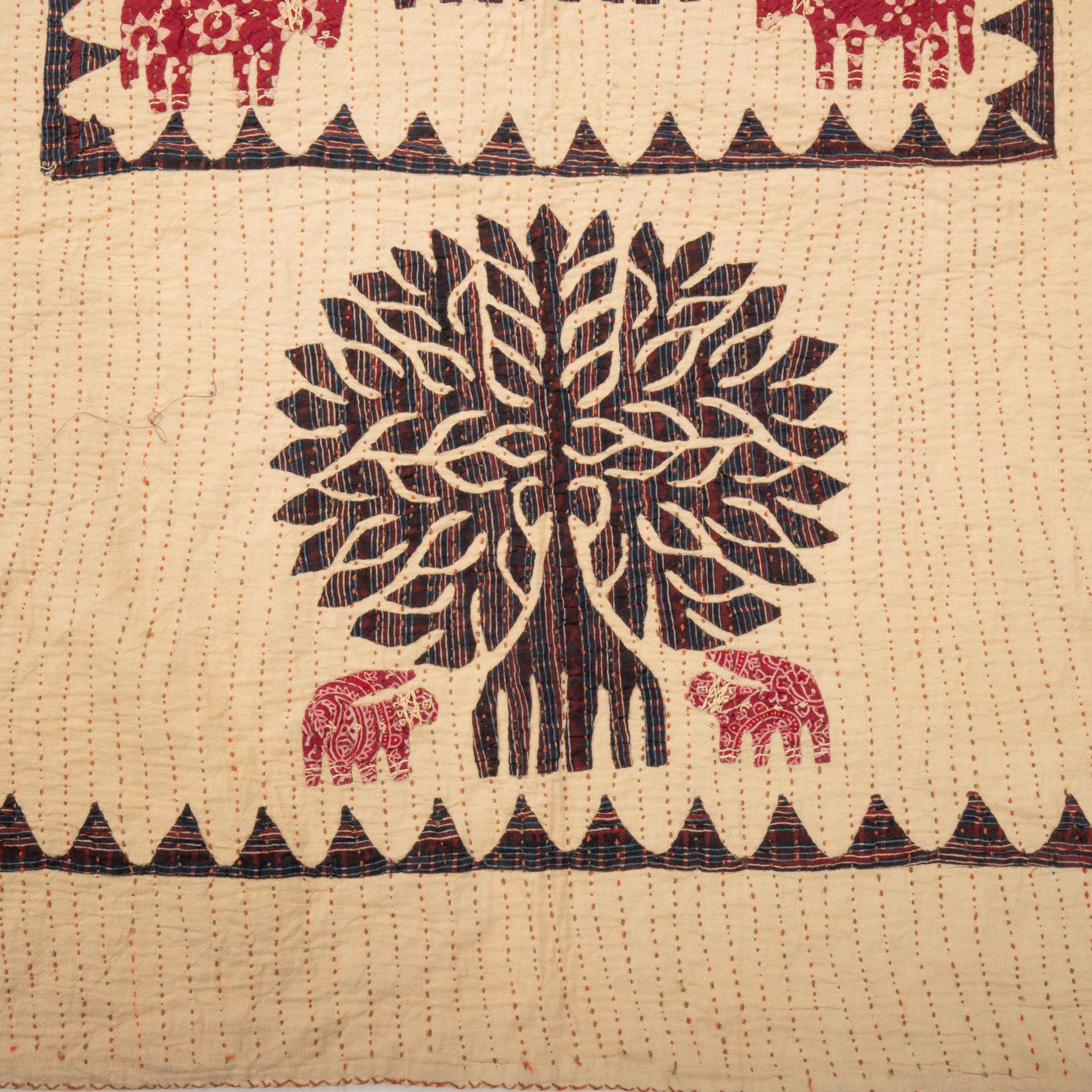 Asian Vintage Indian Tree of Life Applique Kantha Quilt For Sale