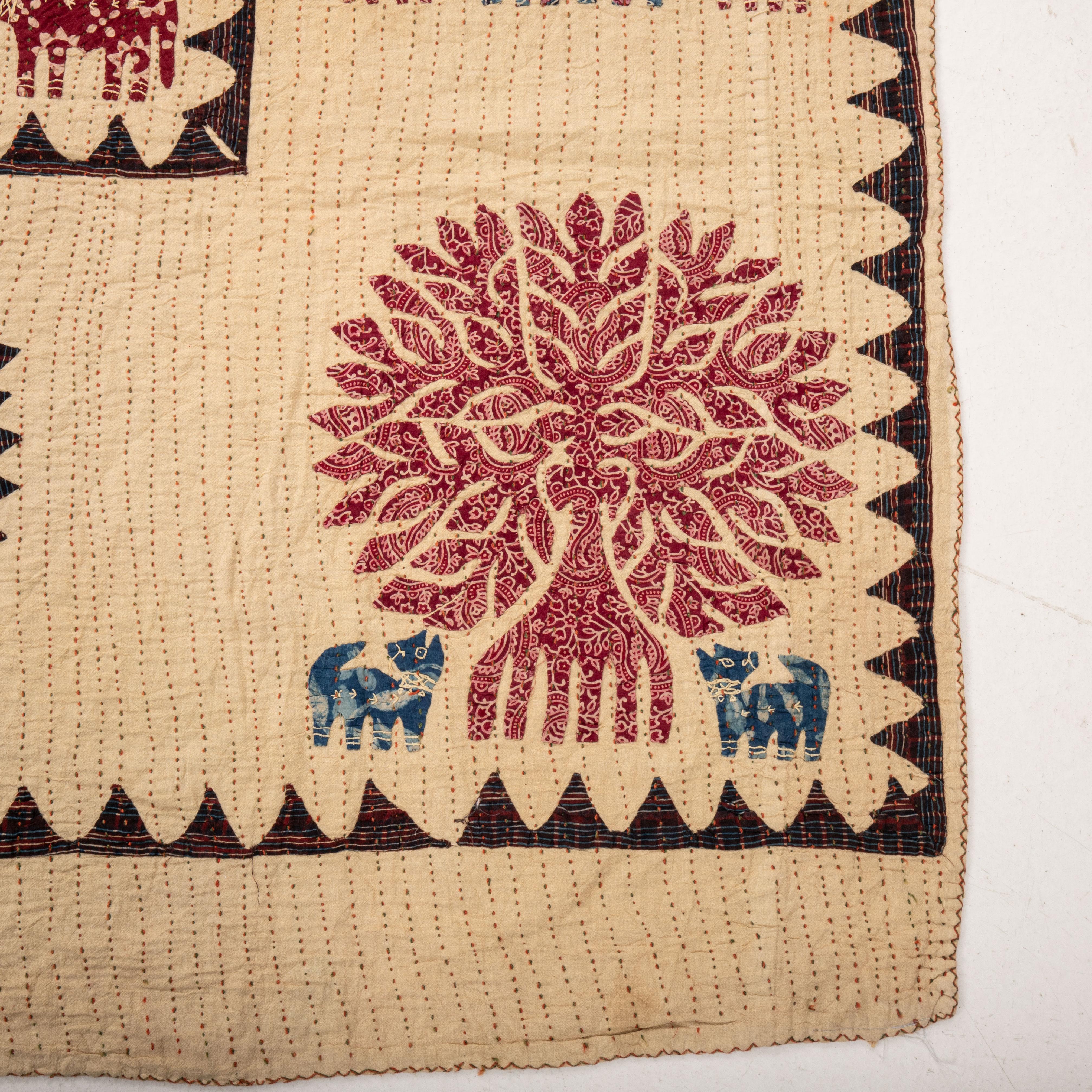 Quilted Vintage Indian Tree of Life Applique Kantha Quilt For Sale