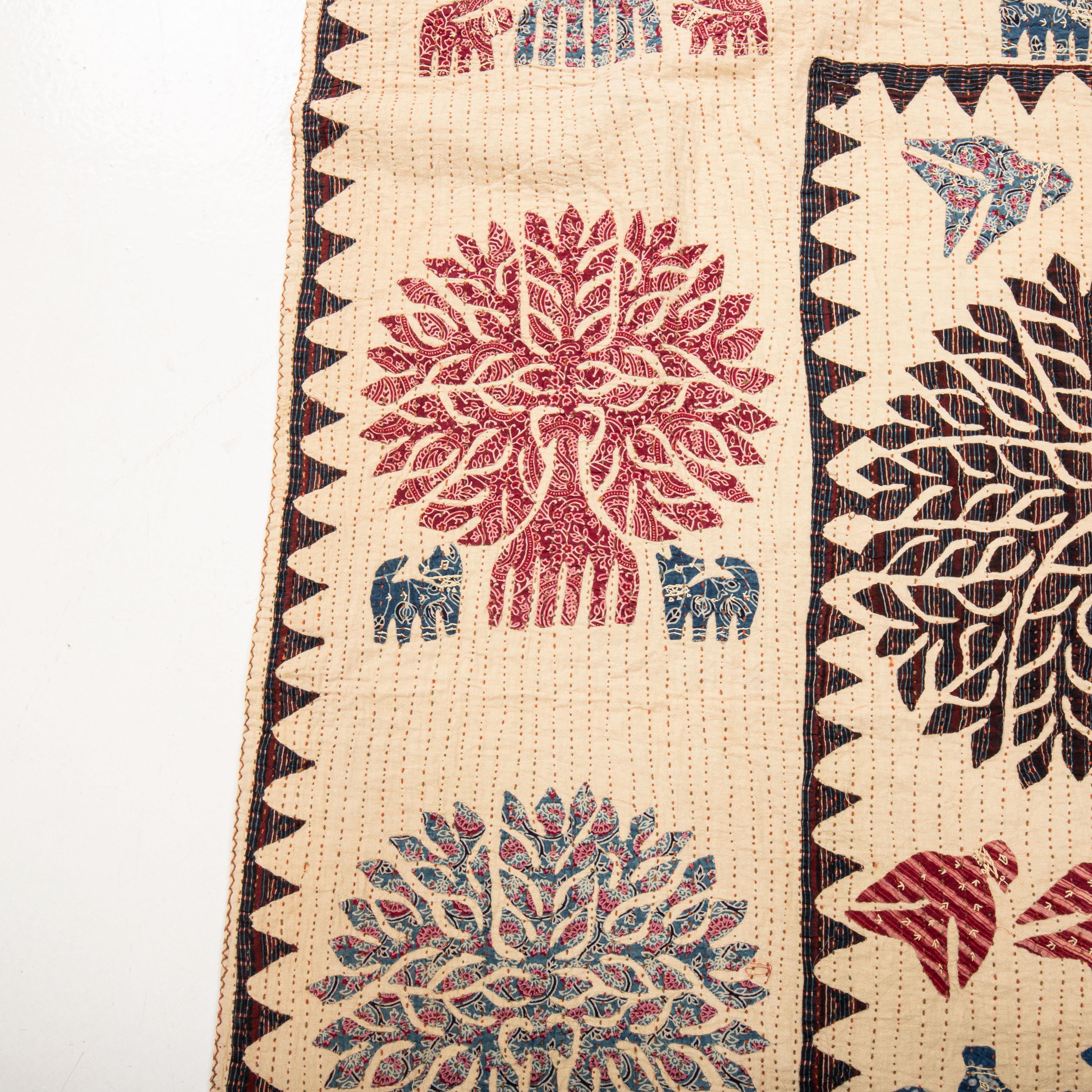 Cotton Vintage Indian Tree of Life Applique Kantha Quilt For Sale