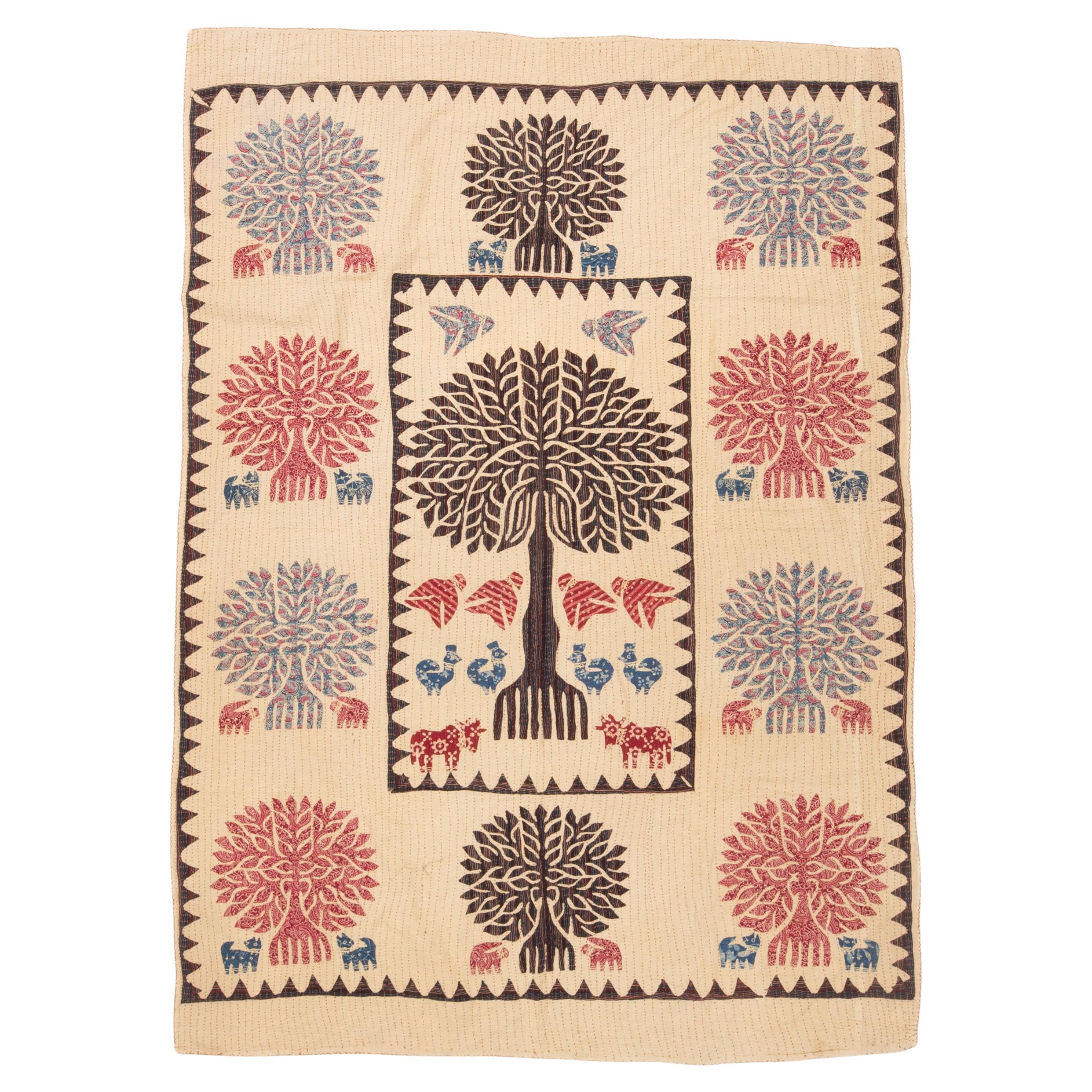 Vintage Indian Tree of Life Applique Kantha Quilt For Sale