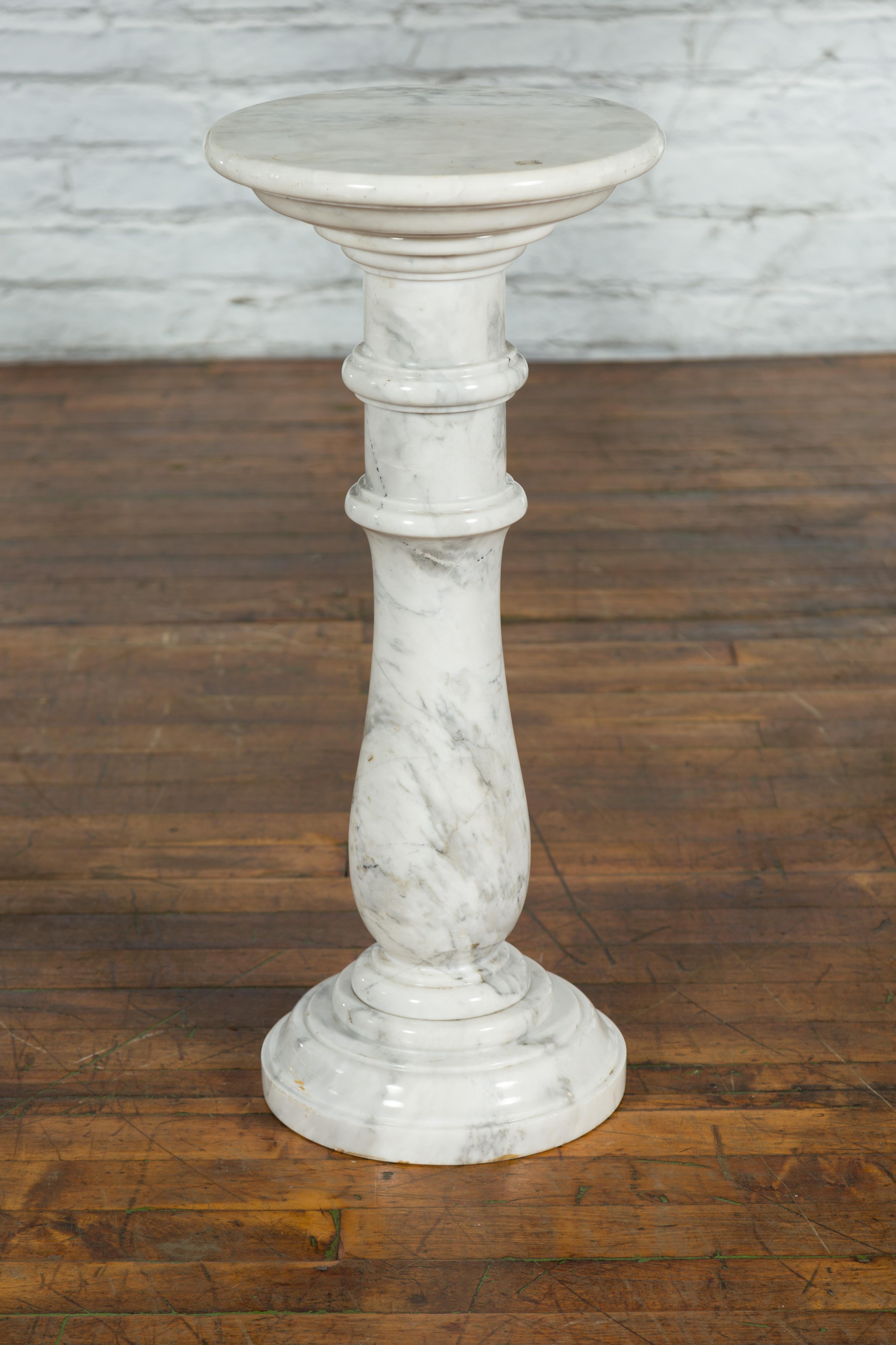 Vintage Indian White Marble Pedestal with Baluster Base and Circular Top 7