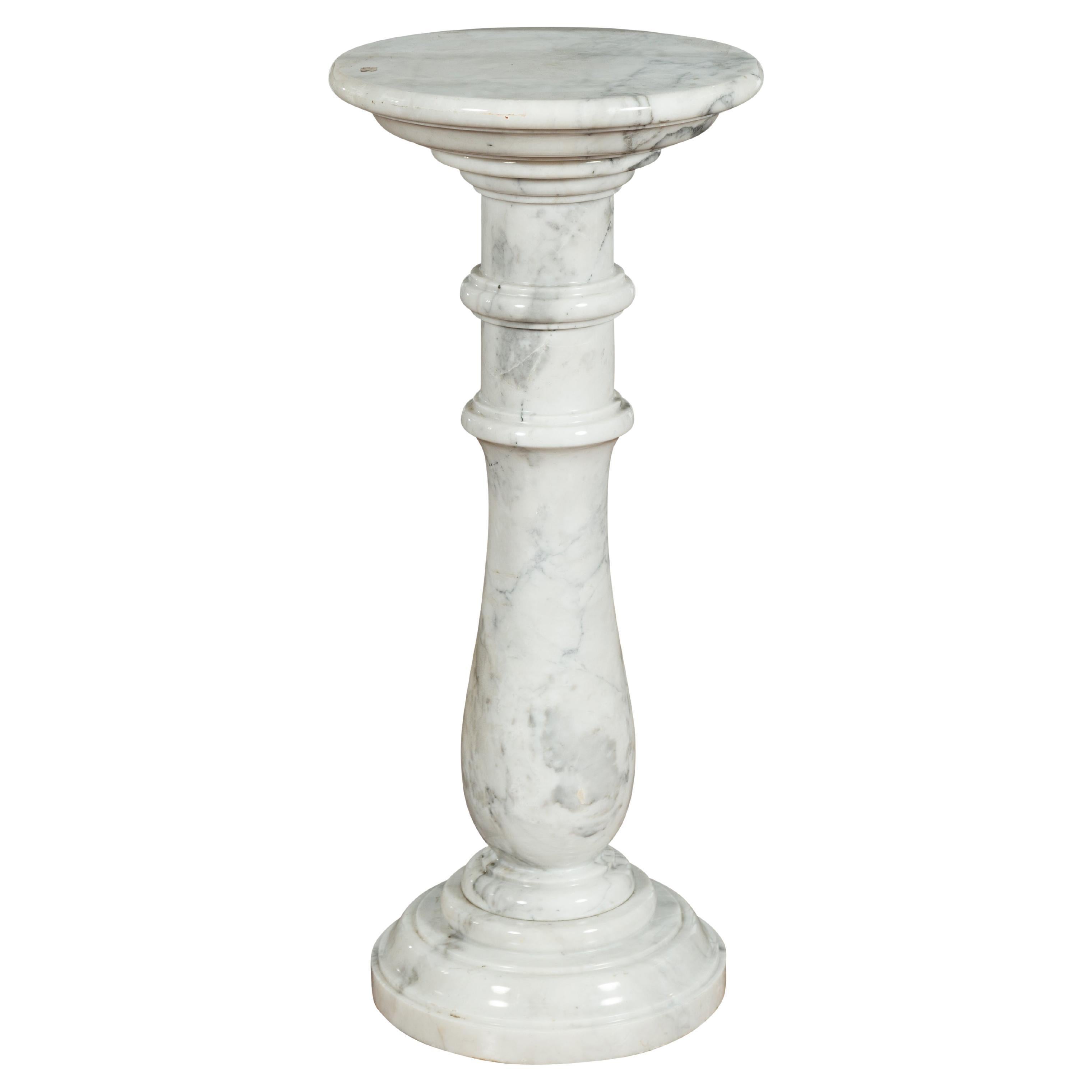 Vintage Indian White Marble Pedestal with Baluster Base and Circular Top
