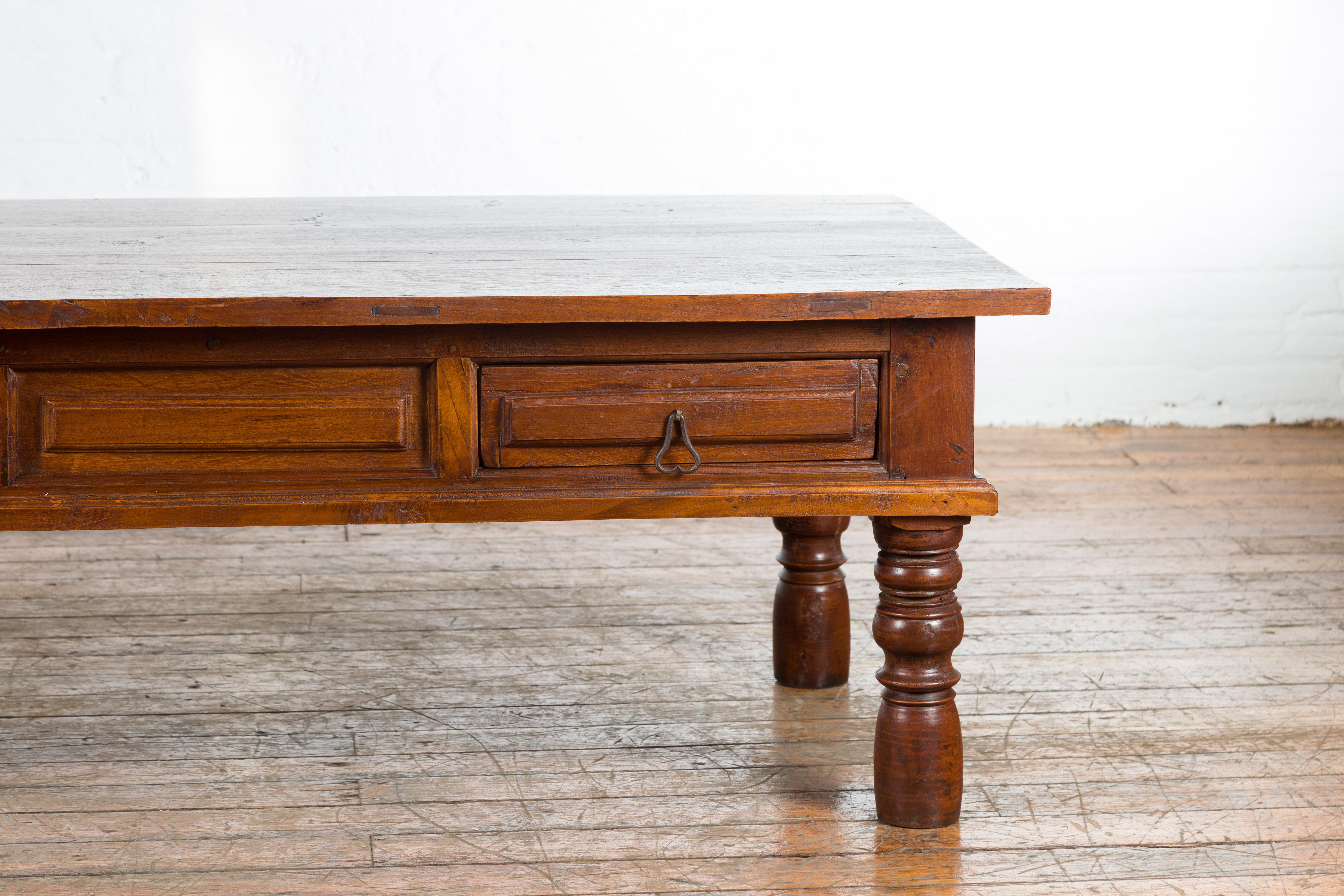 Turned Vintage Indian Wooden Coffee Table with Two Drawers and Baluster Legs For Sale