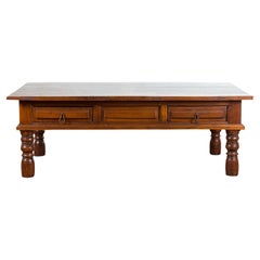 Used Indian Wooden Coffee Table with Two Drawers and Baluster Legs