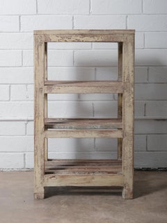 Vintage Indian Wooden Farmhouse Storage Shelf With Distressed Paint