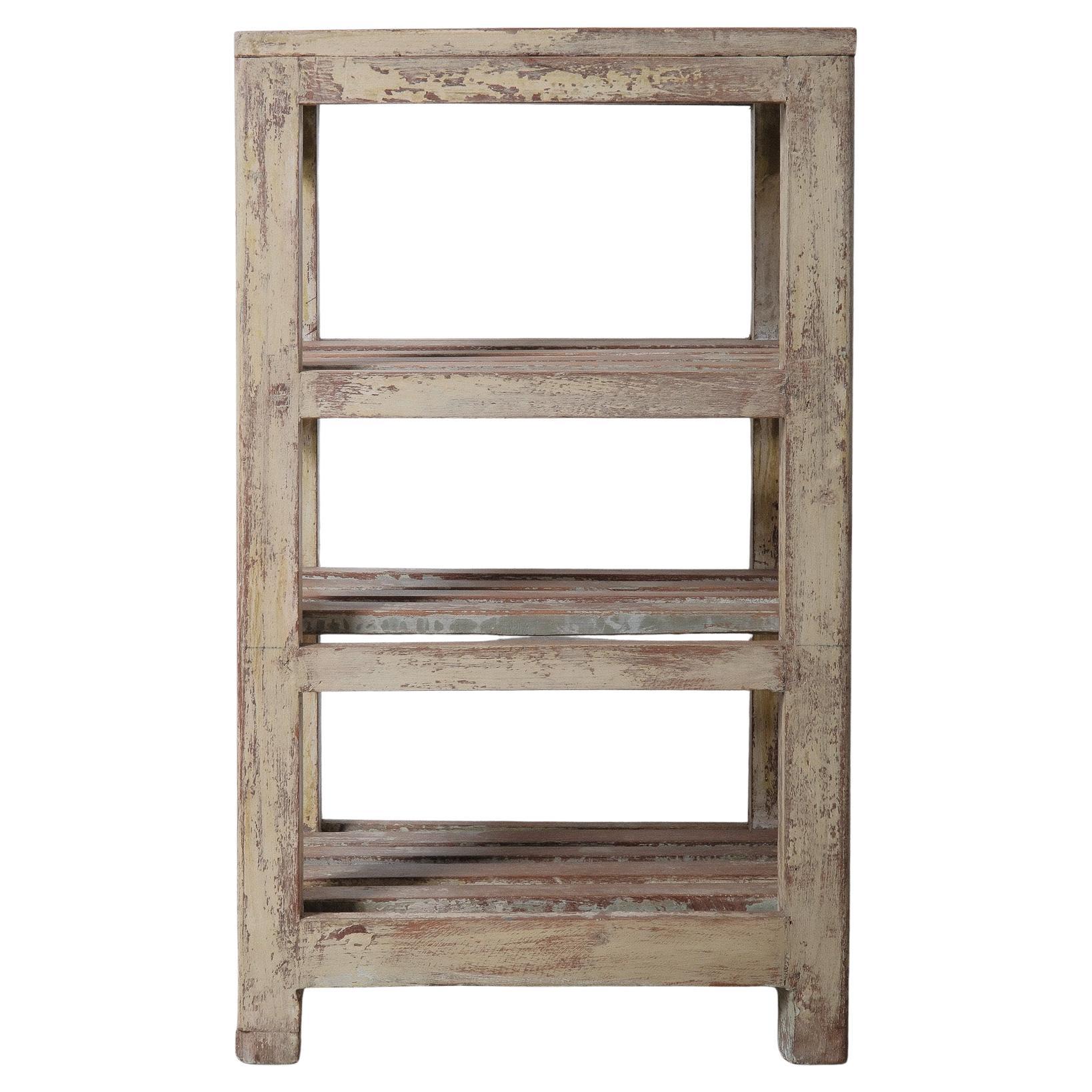 Vintage Indian Wooden Farmhouse Storage Shelf With Distressed Paint