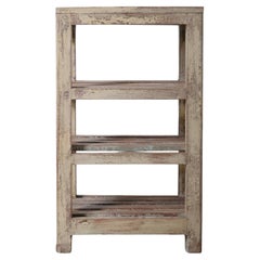 Vintage Indian Wooden Farmhouse Storage Shelf With Distressed Paint