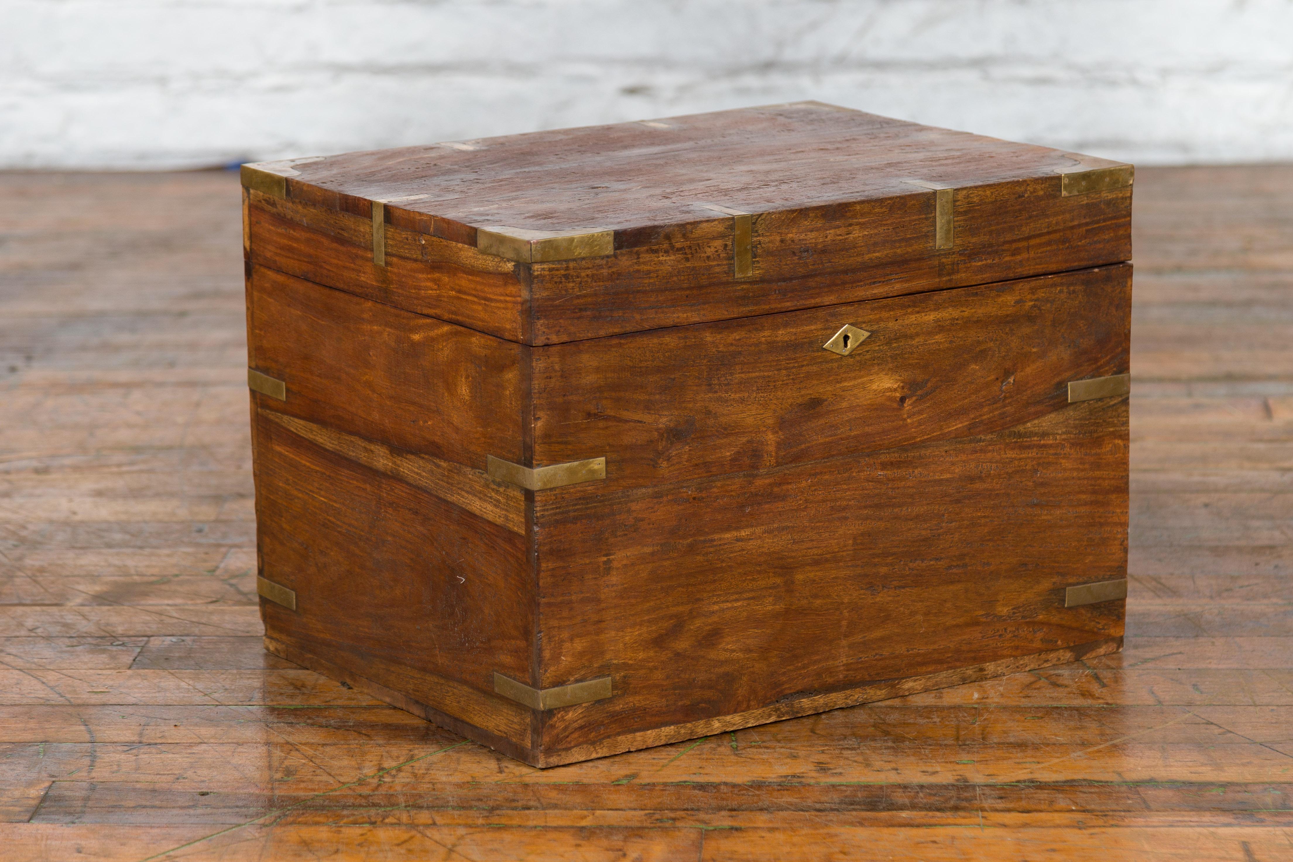 Vintage Indian Wooden Trunk with Brass Braces and Partitioned Interior 6