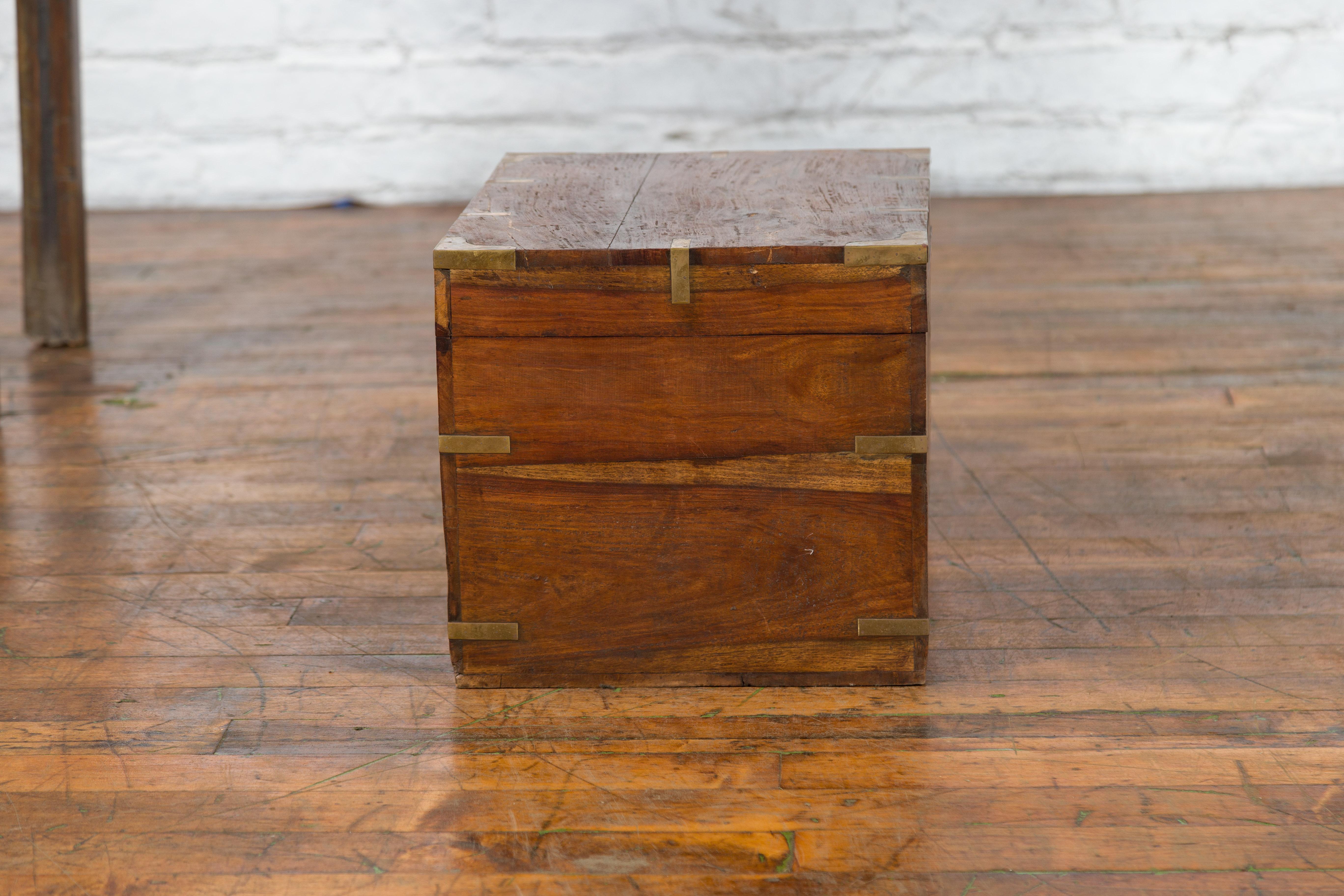 Vintage Indian Wooden Trunk with Brass Braces and Partitioned Interior 7
