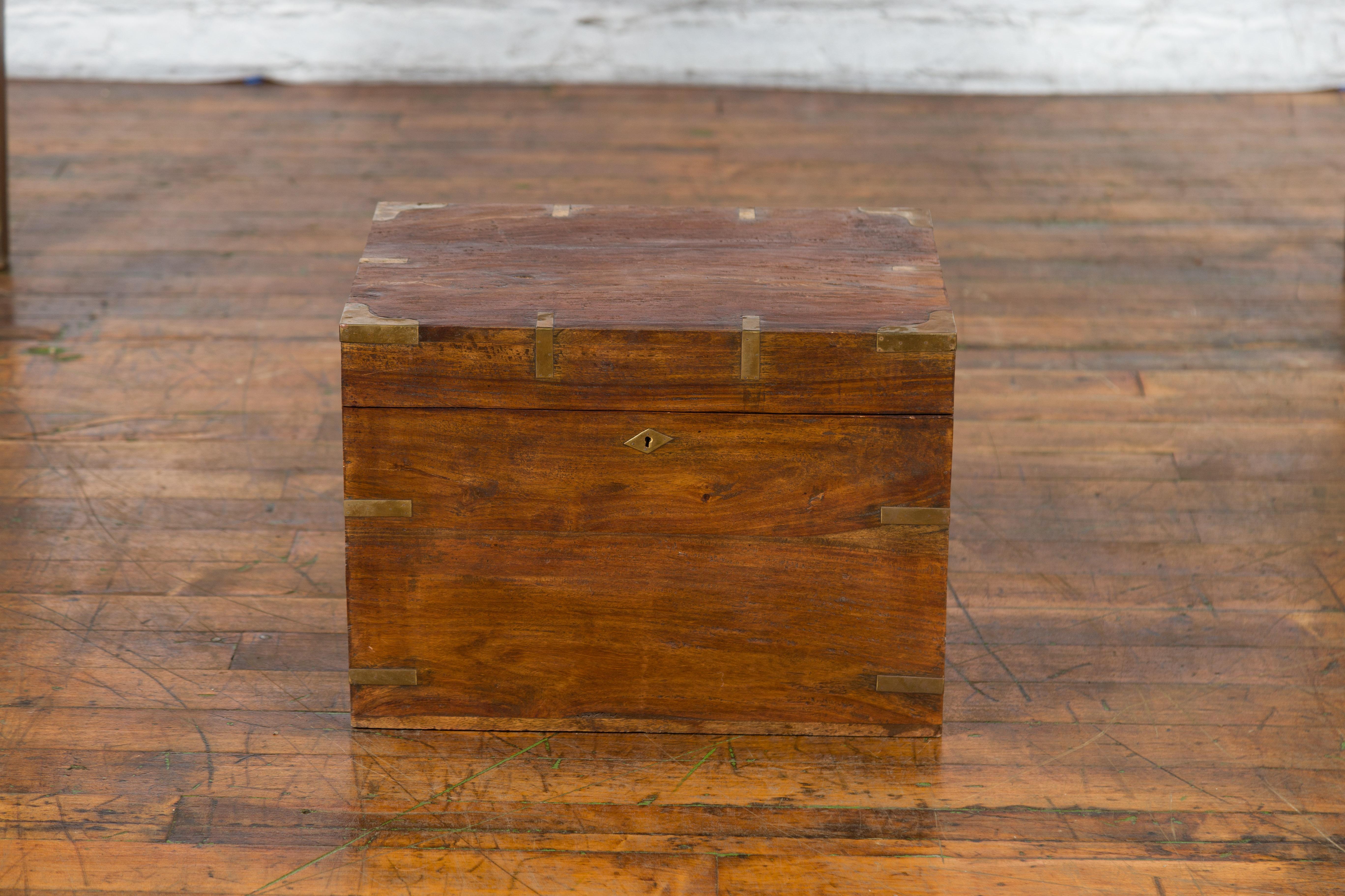 Vintage Indian Wooden Trunk with Brass Braces and Partitioned Interior In Good Condition In Yonkers, NY