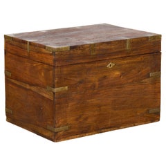 Used Indian Wooden Trunk with Brass Braces and Partitioned Interior