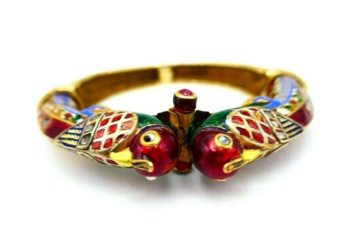 Vintage Indian Yellow Gold Enamel Diamond Love Bird Bangle Bracelet 8