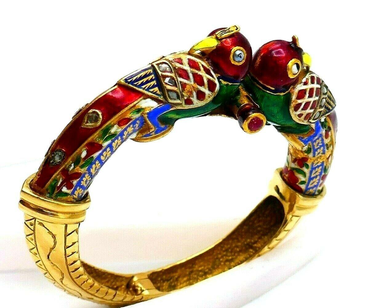 Women's Vintage Indian Yellow Gold Enamel Diamond Love Bird Bangle Bracelet