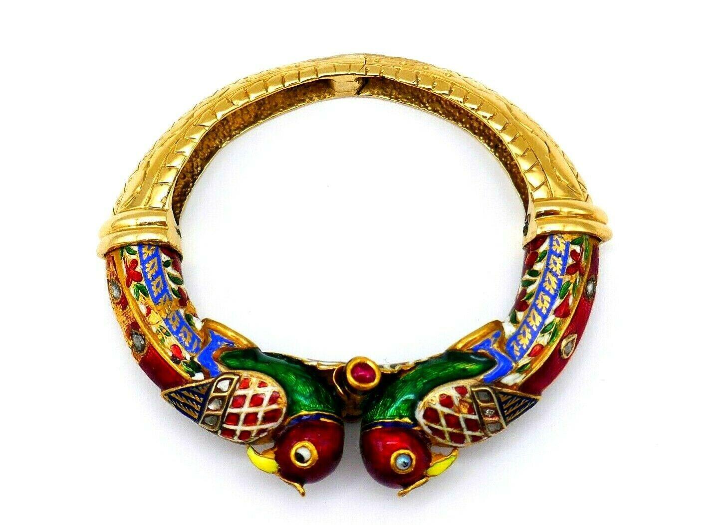 Vintage Indian Yellow Gold Enamel Diamond Love Bird Bangle Bracelet 1