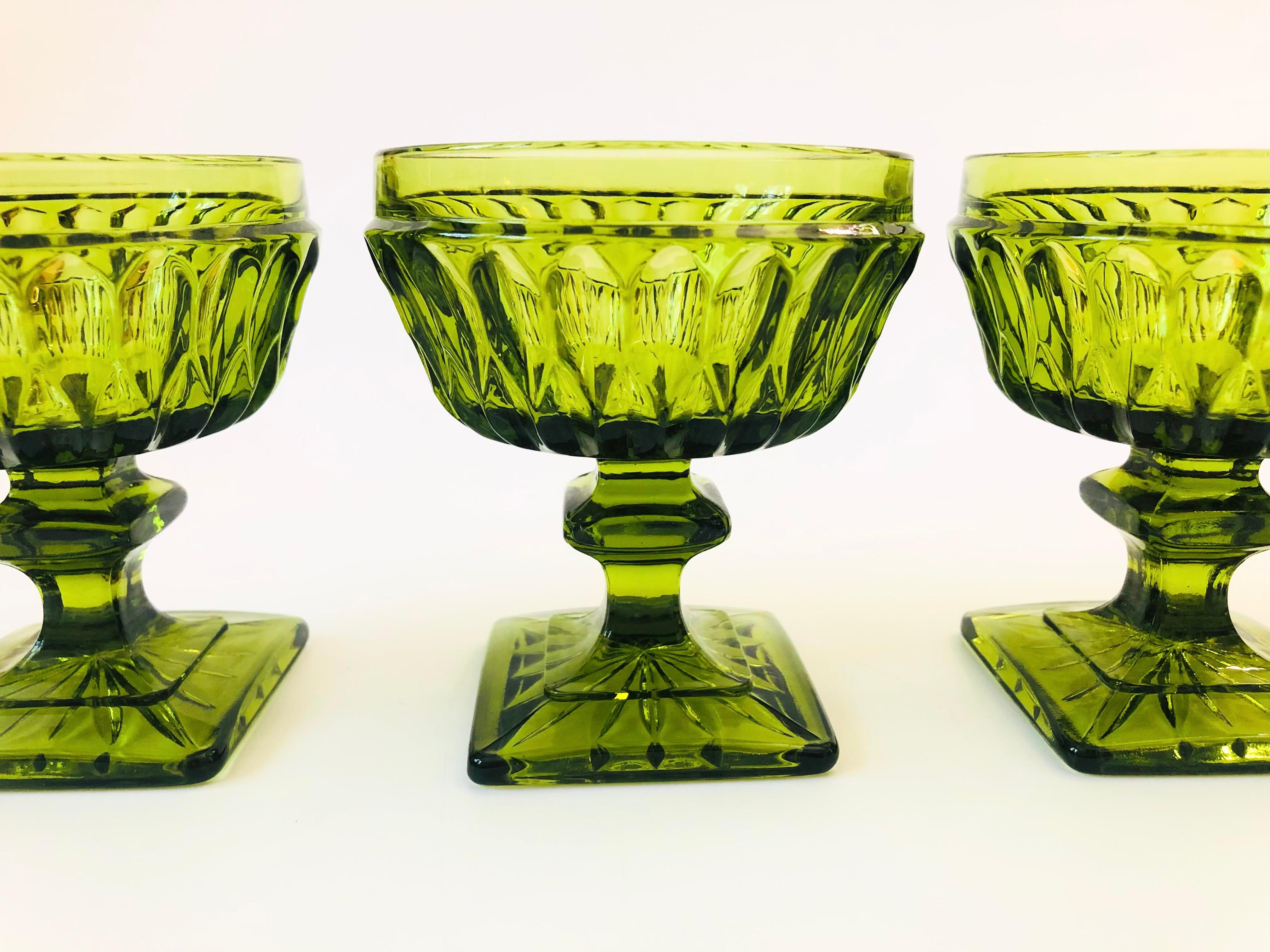 Bohemian Vintage Indiana Glass Green Coupe Glasses, Set of 4