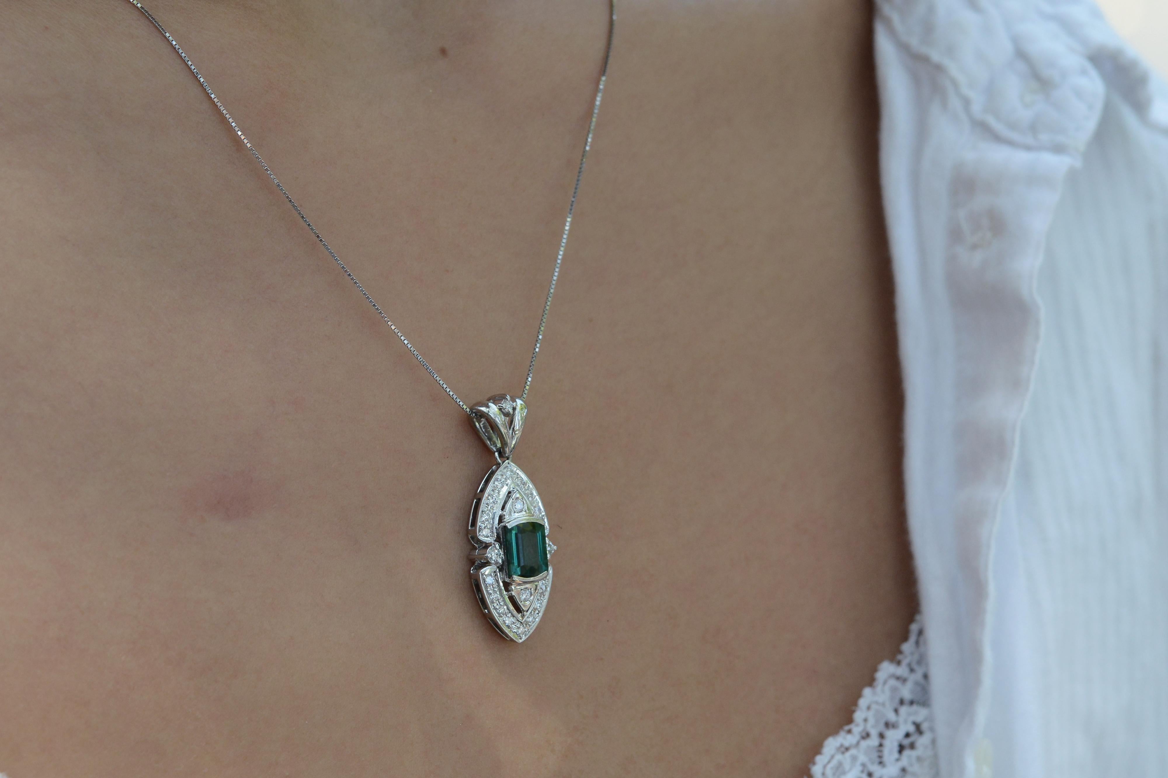 Art Deco Vintage Indicolite Tourmaline Diamond Pendant Necklace For Sale