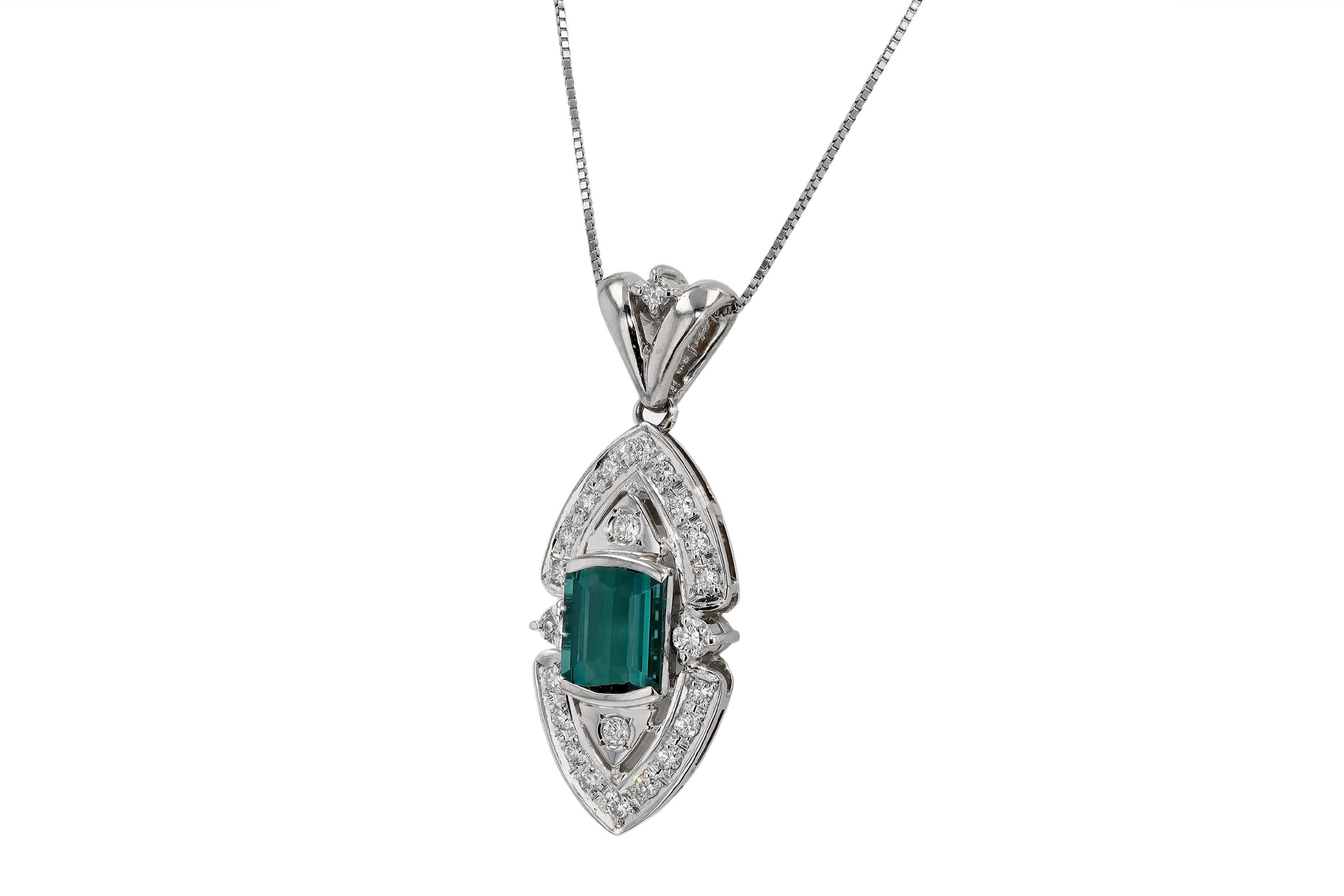 Vintage Indicolite Tourmaline Diamond Pendant Necklace In Excellent Condition For Sale In Santa Barbara, CA