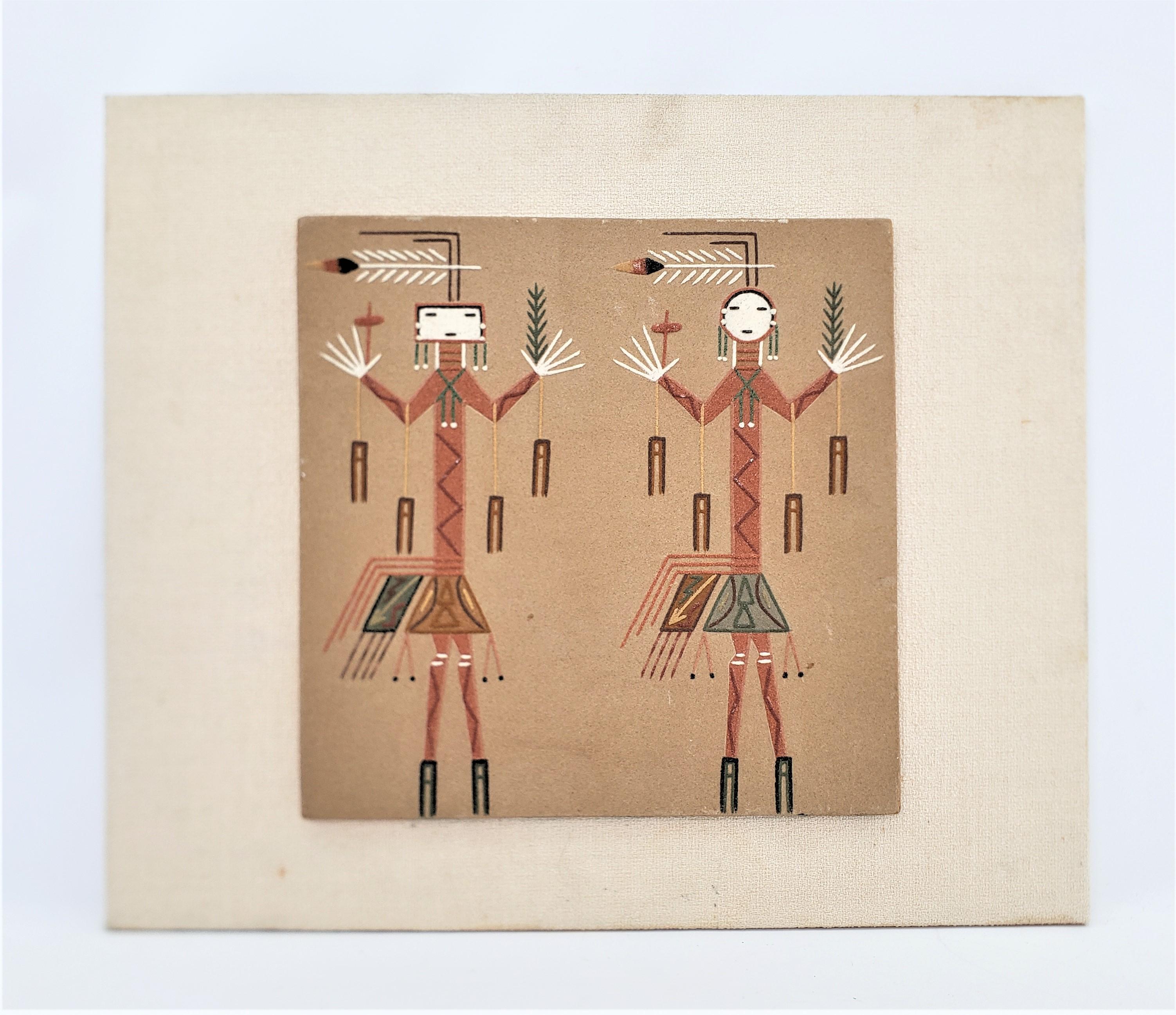 This vintage decorative mounted tile is unsigned, but presumed to have originated from the United States and date to approximately 1970 and done in a Navajo style. The tile is done in terracotta, which depicts two 