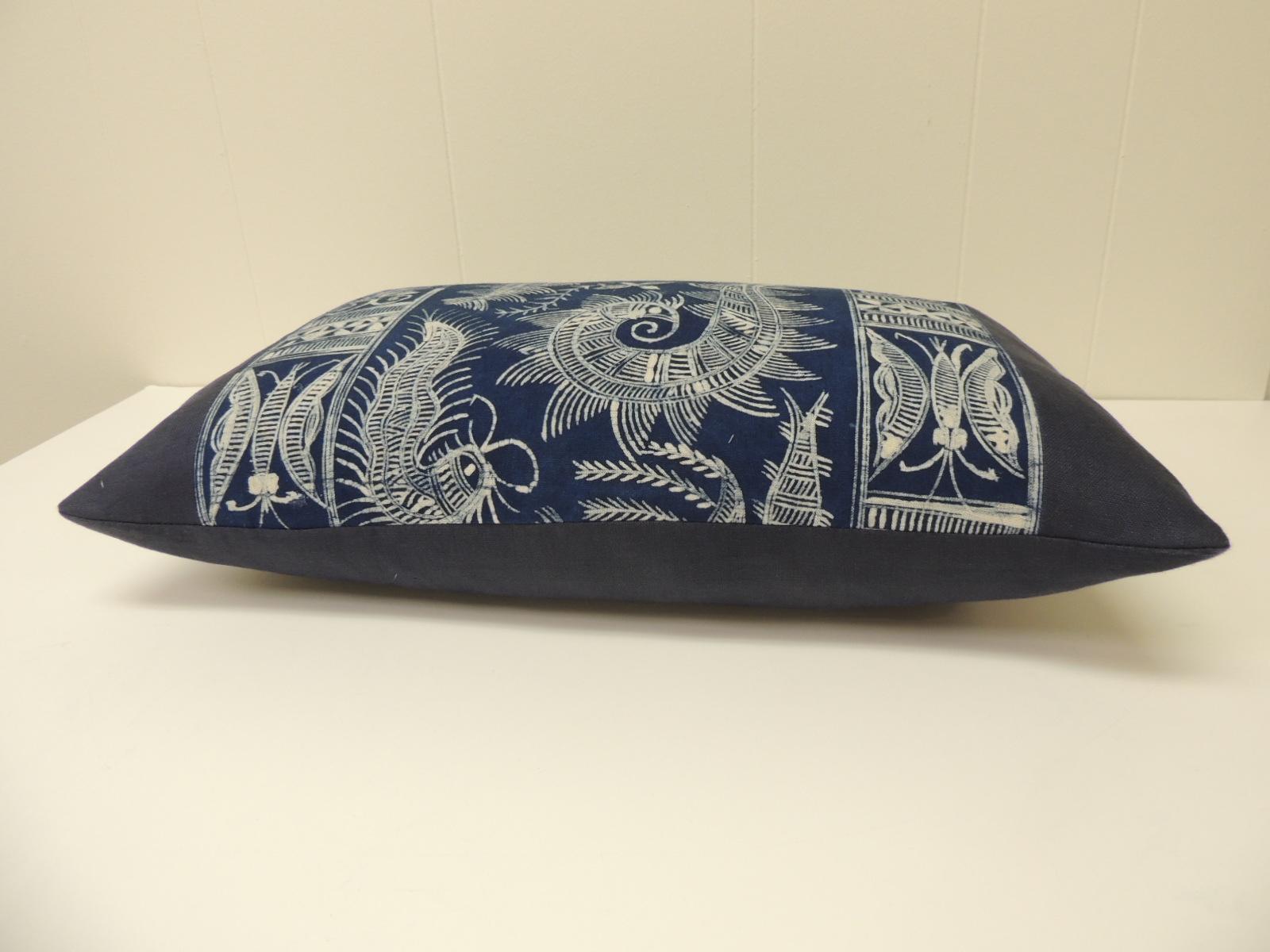 Tribal Vintage Indigo and White Hand-Blocked Batik Lumbar Accent Pillow